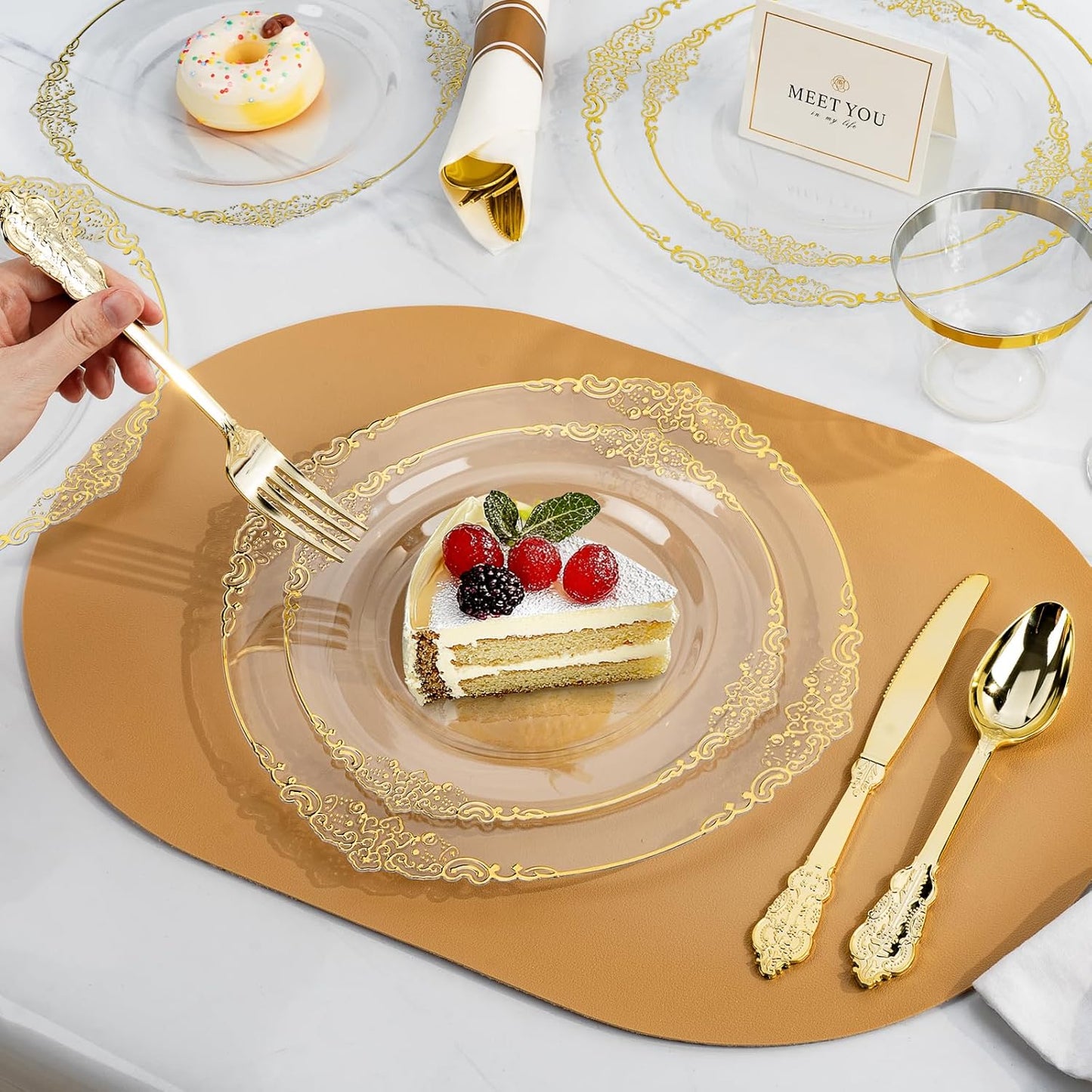 350PCS Clear Plastic Plates for 50 Guests, Disposable Dinnerware Sets Include 100 Gold Rim Plastic Plates, 50 Silverwares, 50 Cups, and 50 Pre Rolled Napkins for Party, Graduation