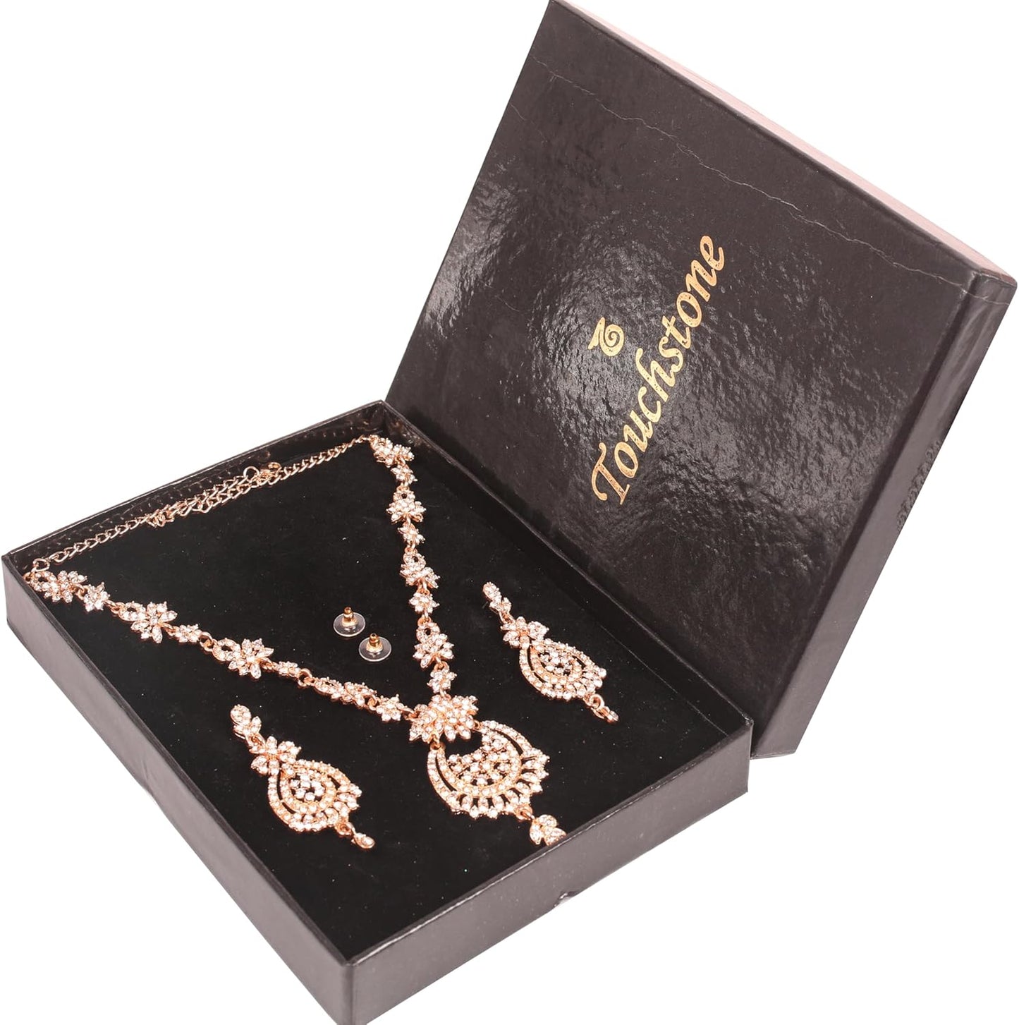 Touchstone Indian jewelry sets for women maang tikka wedding guest gold necklace bollywood jewellery set pageant elegant prom bride accessories western crystal chunky rhinestone necklaces
