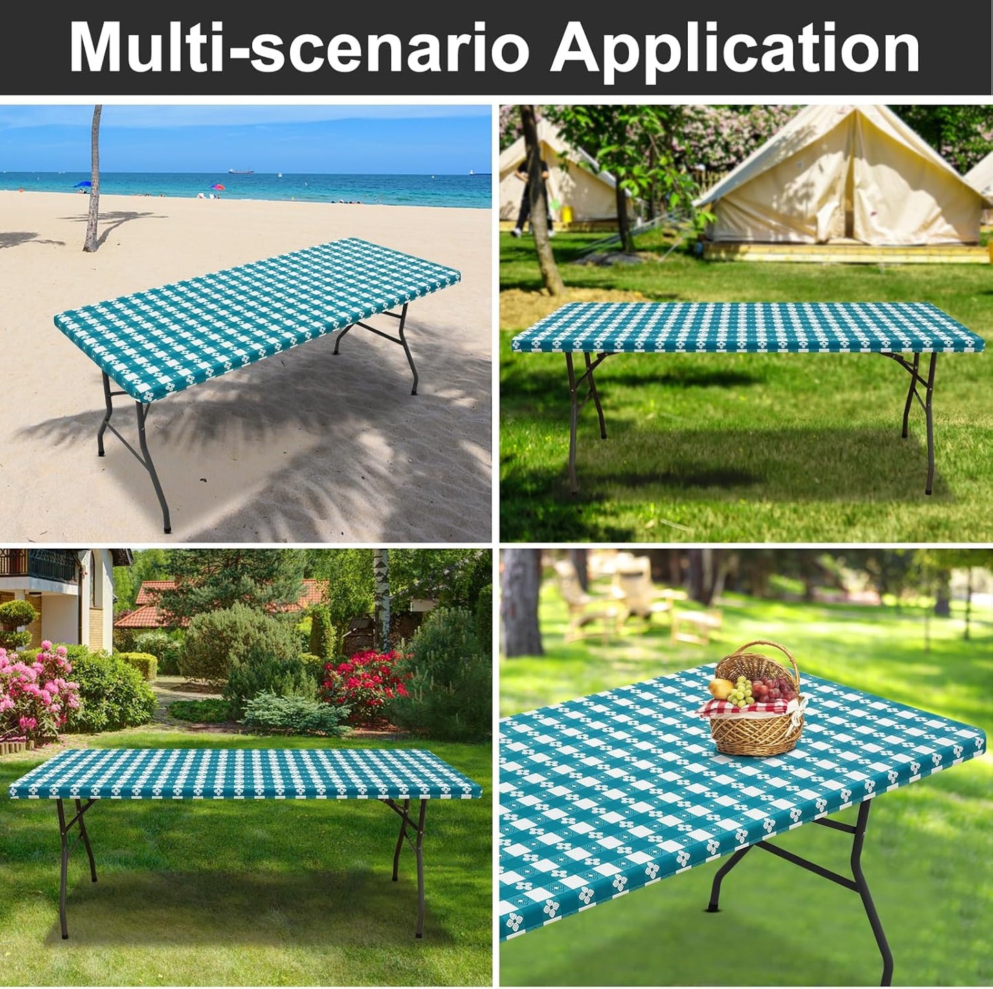 Rectangle Vinyl Table Cloth, Waterproof Elastic Fitted Tablecloth with Flannel Backing, Plastic Table Cover for Picnic, Camping, Outdoor (White & Turquoise, 30"x60")