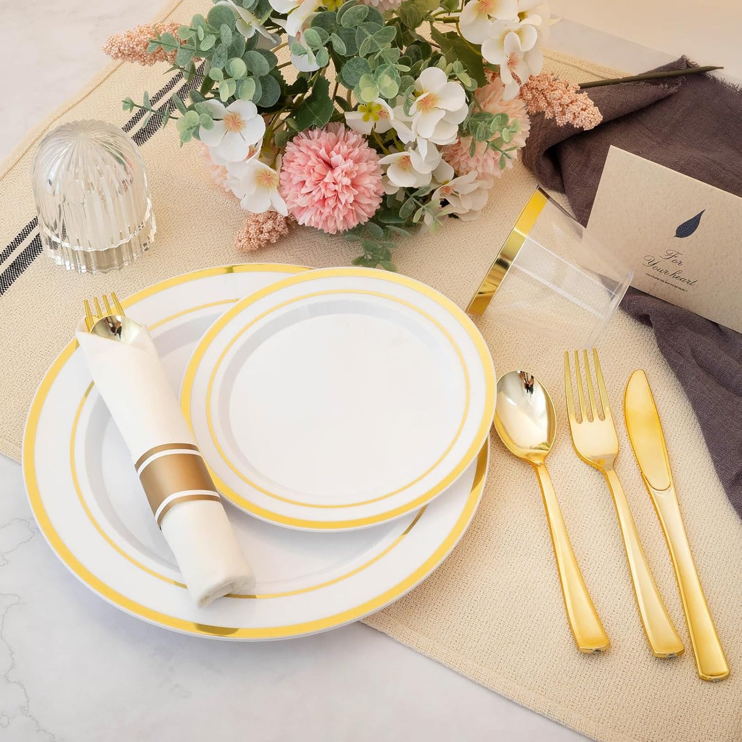 N9R 350 PCS Gold Plastic Dinnerware Set for 50 Guests, Gold Plastic Plates, Disposable Plate for Thanksgiving, Include: 50 Dinner & Dessert Plates, 50 Pre Rolled Napkins with Silverware and 50 Cups