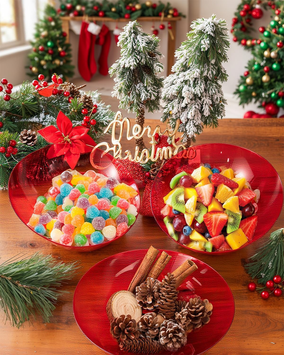 bUCLA 12 Pack Clear Red Plastic Serving Bowls - 54 OZ Christmas Angled Serving Bowls Disposable for Chip, Candy, Salad & Fruit - Ideal for X’mas Party