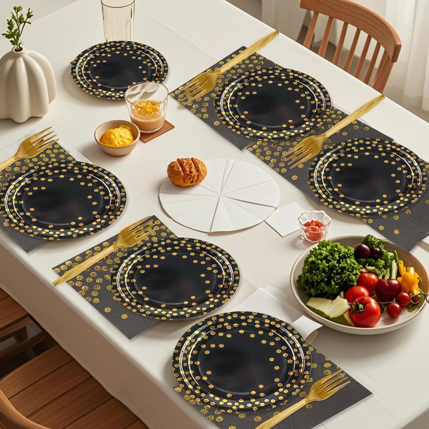 48PCS Black and Gold Plates and Napkins Party Supplies, Gold Dot Disposable Paper Plates and Napkins with Forks Tableware Set for Birthday Wedding Retirement Graduation Party Decorations 16 Guests