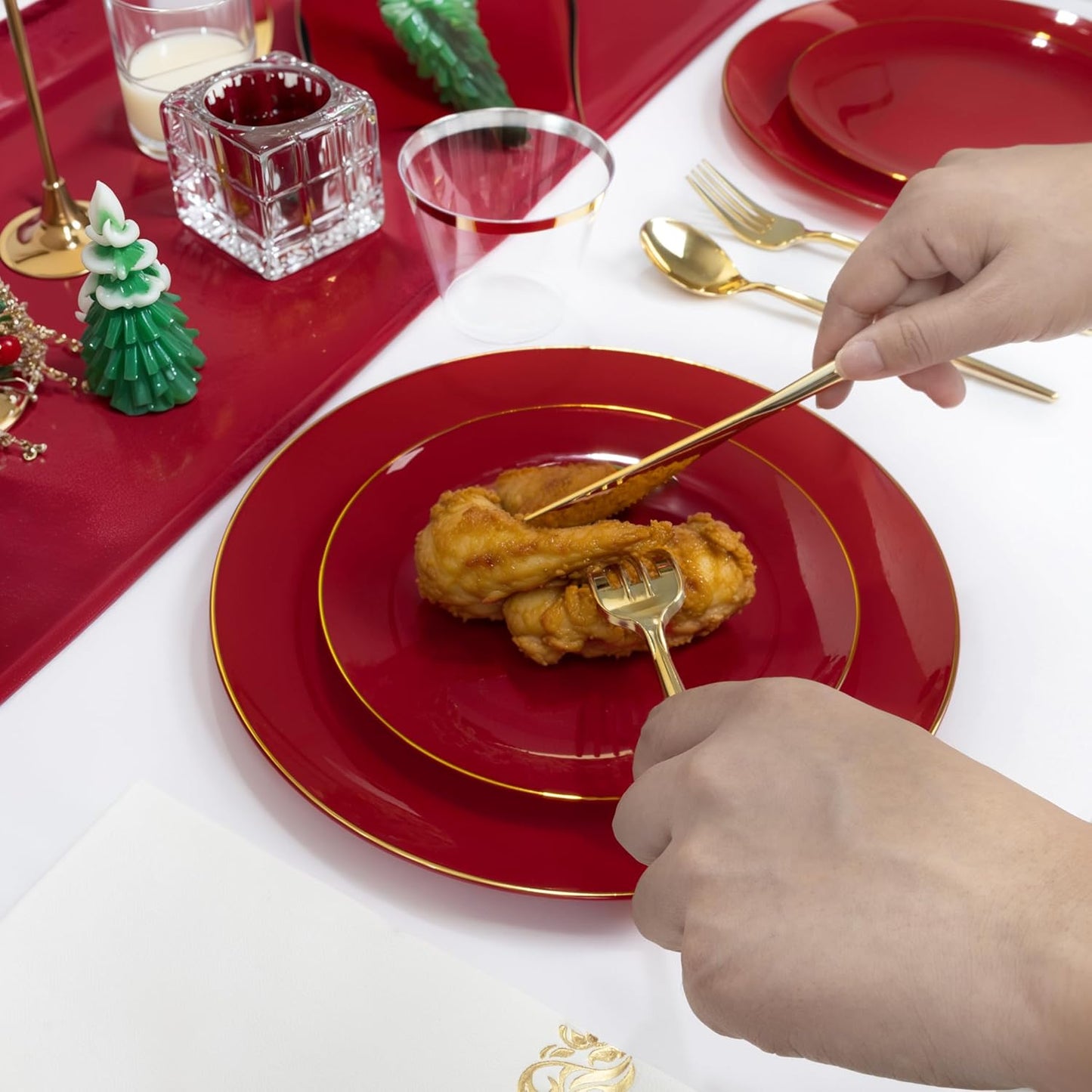 MirthMood 210pcs Red Plastic Plates,Disposable Red Gold Party Plates,Include 30 Dinner,Dessert Plate,30 Cup&30 Napkins, 90 Gold Silverware for Wedding & Party & Birthday(Plum Red)