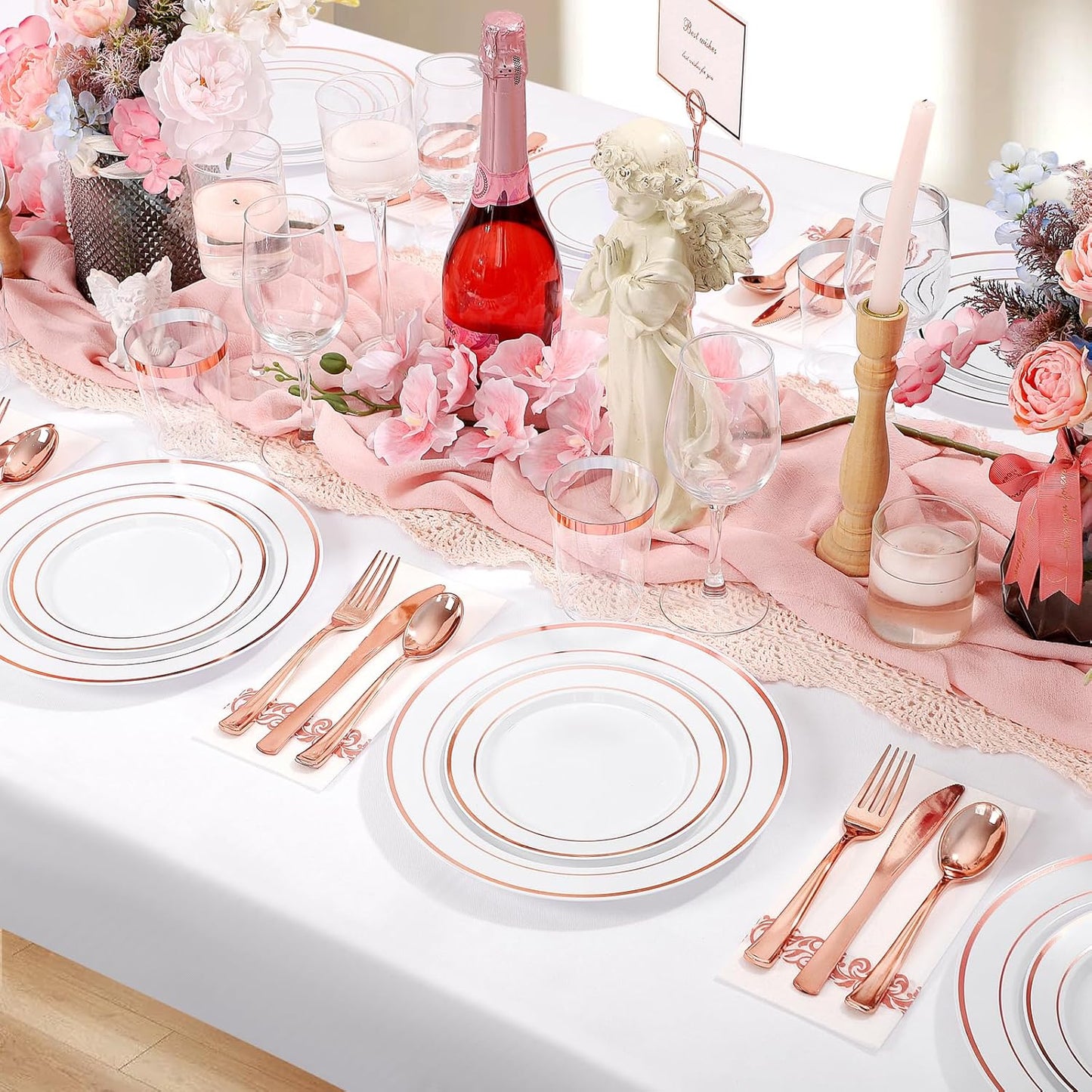 Supernal 200pcs Rose Gold Plastic Dinnerware included Disposable Flatware& Plastic Party Plates Disaposable Cups and Napkins,Perfect for Party,Birthday and Wedding
