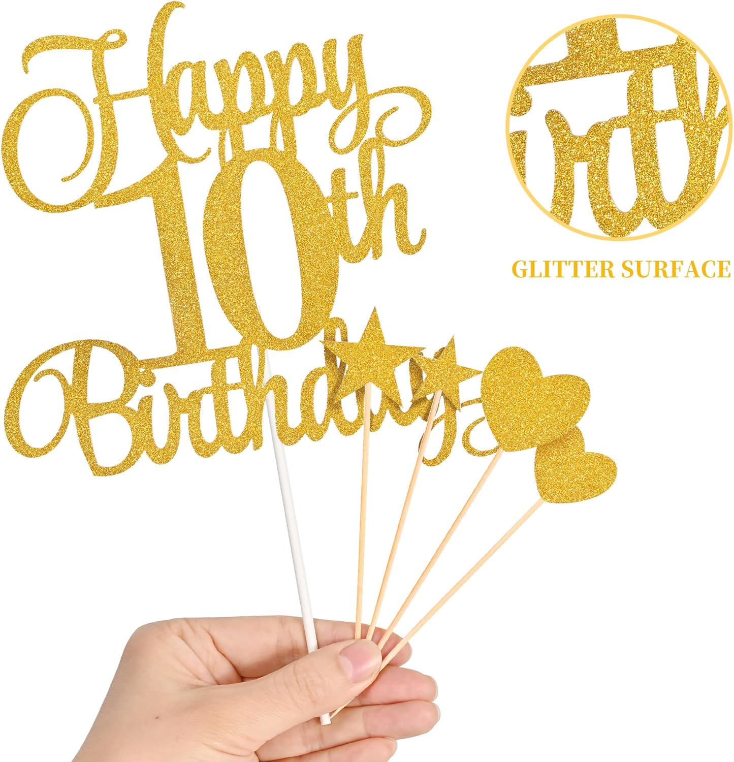 10th Birthday Cake Decorations, 10th Birthday Candles Cake Numeral Candles and Glitter Happy 10th Birthday Cake Toppers Set for Birthday Party Supplies (Gold)