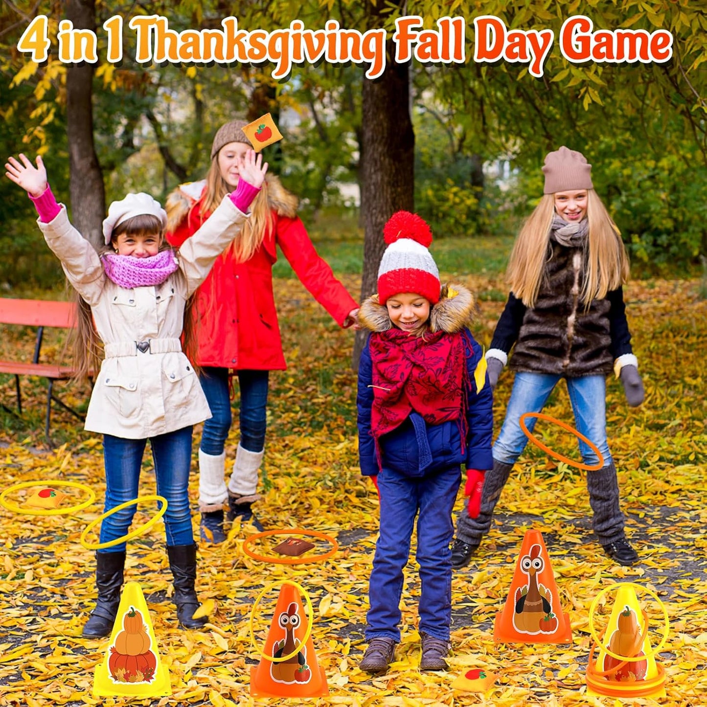 4 in 1 Fall Festival Thanksgiving Party Games with Ring Toss, Plastic Cones, Bean Bags, 3-Legged Race Bands, Thanksgiving Games for Family Boy Girl Adult Carnival Friendsgiving Outdoor Yard Activities