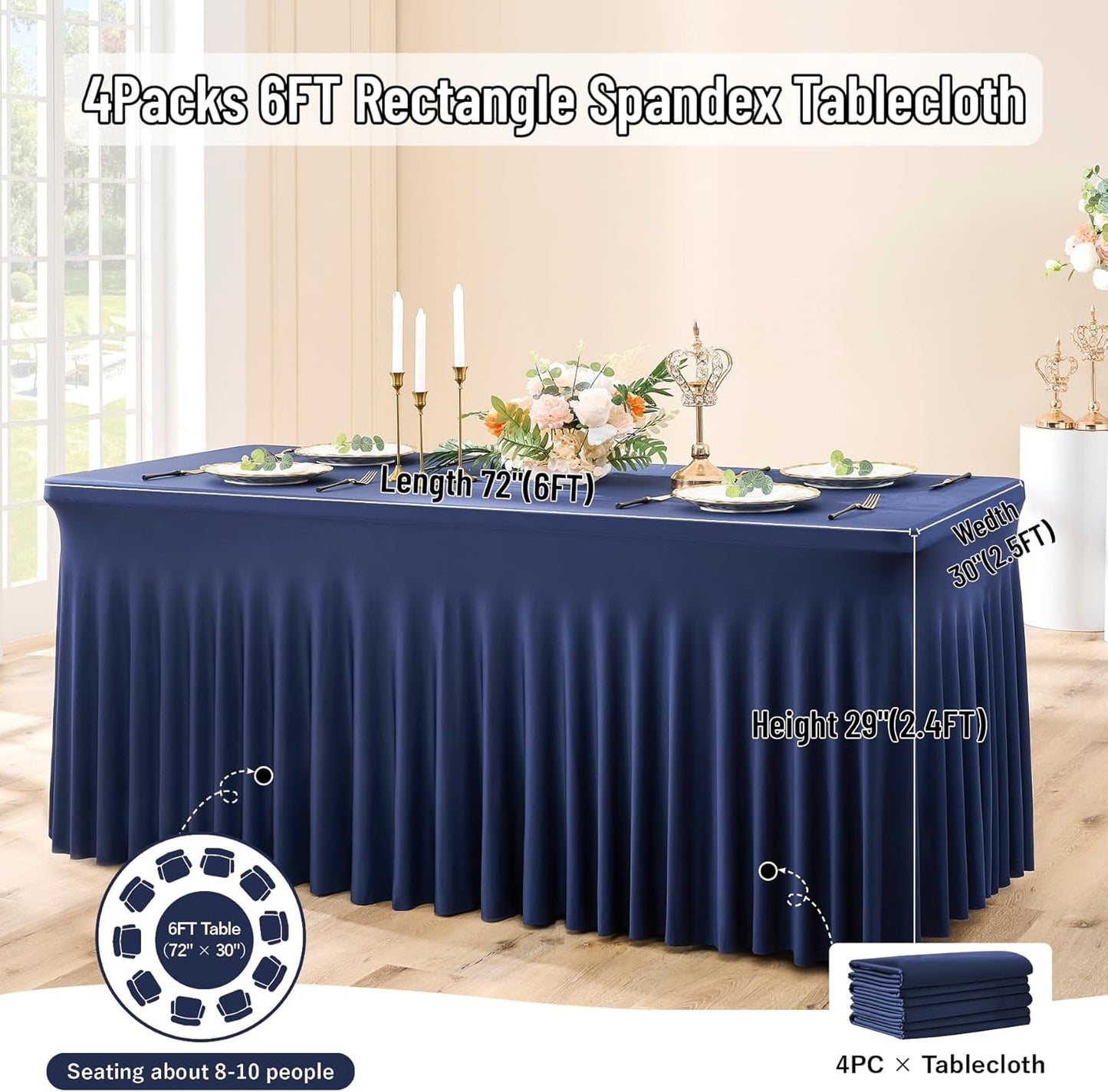 leegleri 4 Pack Navy Blue Spandex Table Clothes for 6 Foot Rectangle Tables, Wrinkle Free Fitted Table Cover 6ft Stretch Tablecloths with Skirt for Parties Weddings Birthday Banquet Baby Shower