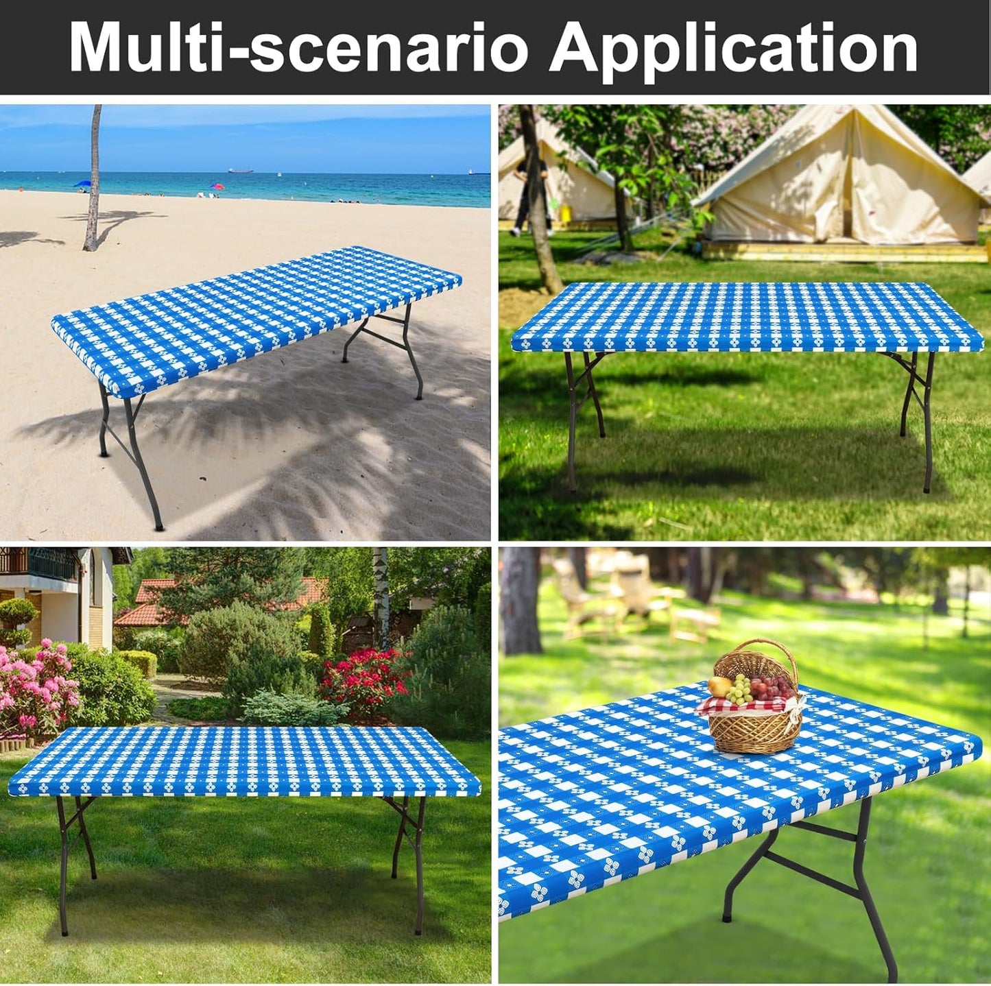 Rectangle Vinyl Table Cloth, Waterproof Elastic Fitted Tablecloth with Flannel Backing, Plastic Table Cover for Picnic, Camping, Outdoor (Blue & White, 30"x96")
