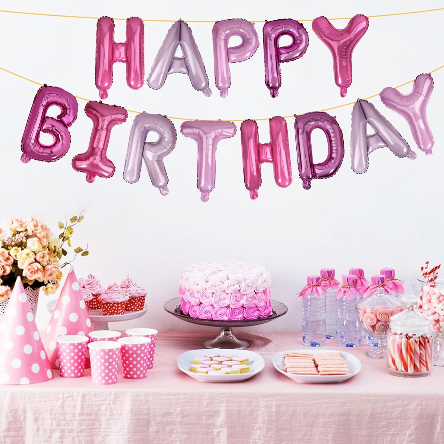 LIOZEOKUN Happy Birthday Balloon Letters 16 inch Mylar Foil Birthday Balloons Banner Sign for Birthday Party Decorations Supplies (Purple pink)