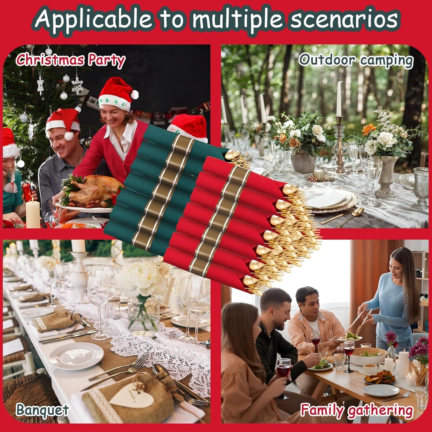 Supernal 240pcs Christmas Rolled Plastic Silverware,Gold Disposable Silverware,Wrapped Plastic Cutlery Set with Napkin,Pre Rolled Silverware Set Disposable,Christmas Cutlery Served for 60 Guests