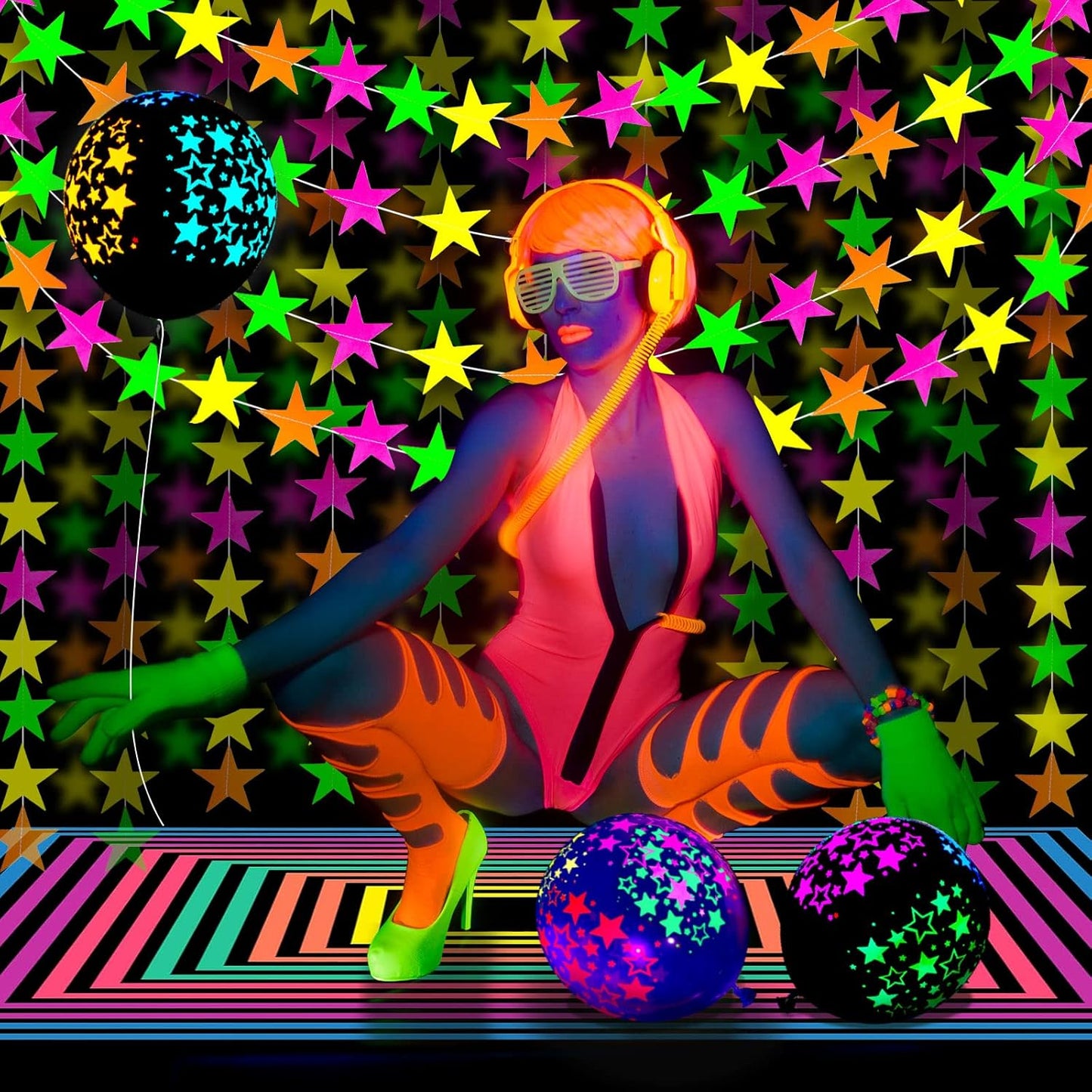 32 Pcs Glow in The Dark Party Supplies Christmas Neon Party Favors with 25 Fluorescent Balloon 6 Rolls 98.4 ft UV Blacklight Luminous Tape 14.4 ft Neon Streamer Garland for Adults(Bright Star)