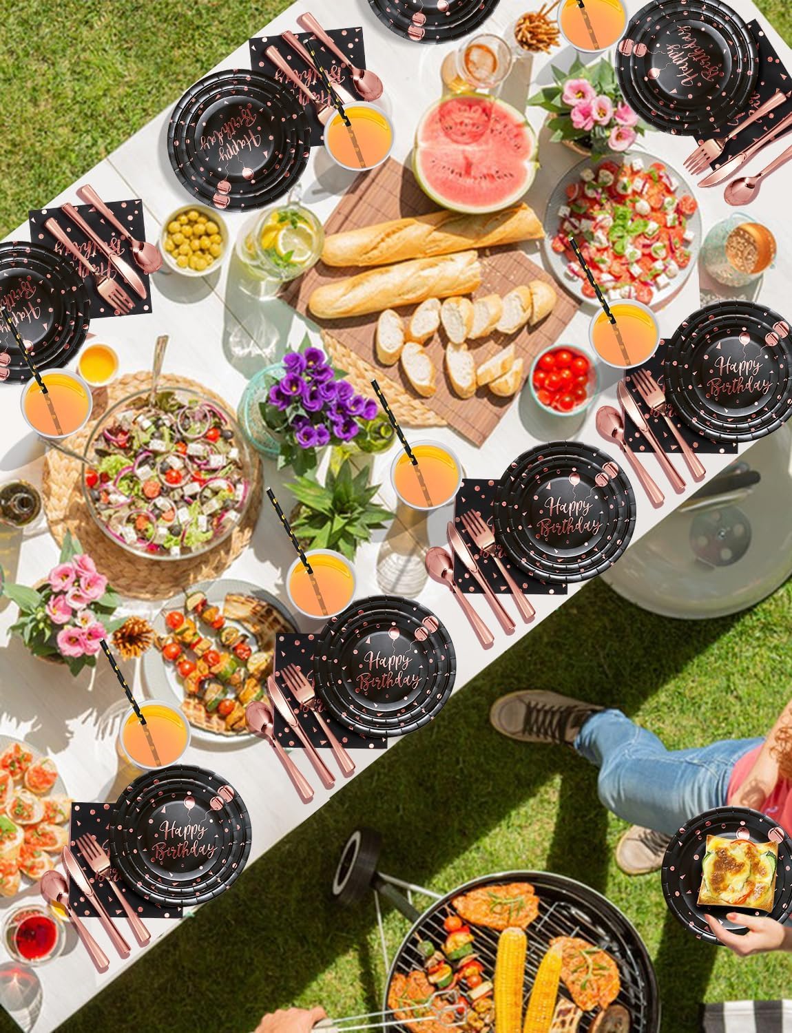 Birthday Party Tableware, 161 Pieces Black and Rosegold Party Supplies, Party Dinnerware Sets Include Paper Plates Napkins Cups Silverware, for Shower Engagement Parties Decoration -20 Serves