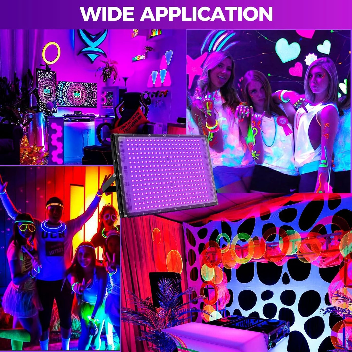 300W LED Black Lights for Glow Party, Black Light Flood Light IP65 Waterproof 395nm UV Blacklight Floodlight Purple Black Light Spotlight Fluorescent UV Light Lamp for Halloween Decor (4 Pack)