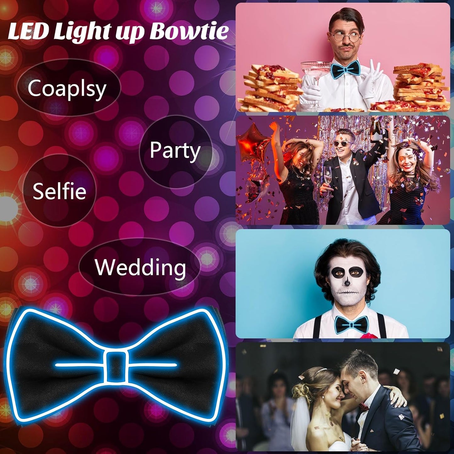 Hercicy Light up Bow Tie for Men LED Neon Bowtie Funny Ties Women Glow in the Dark Party Costume