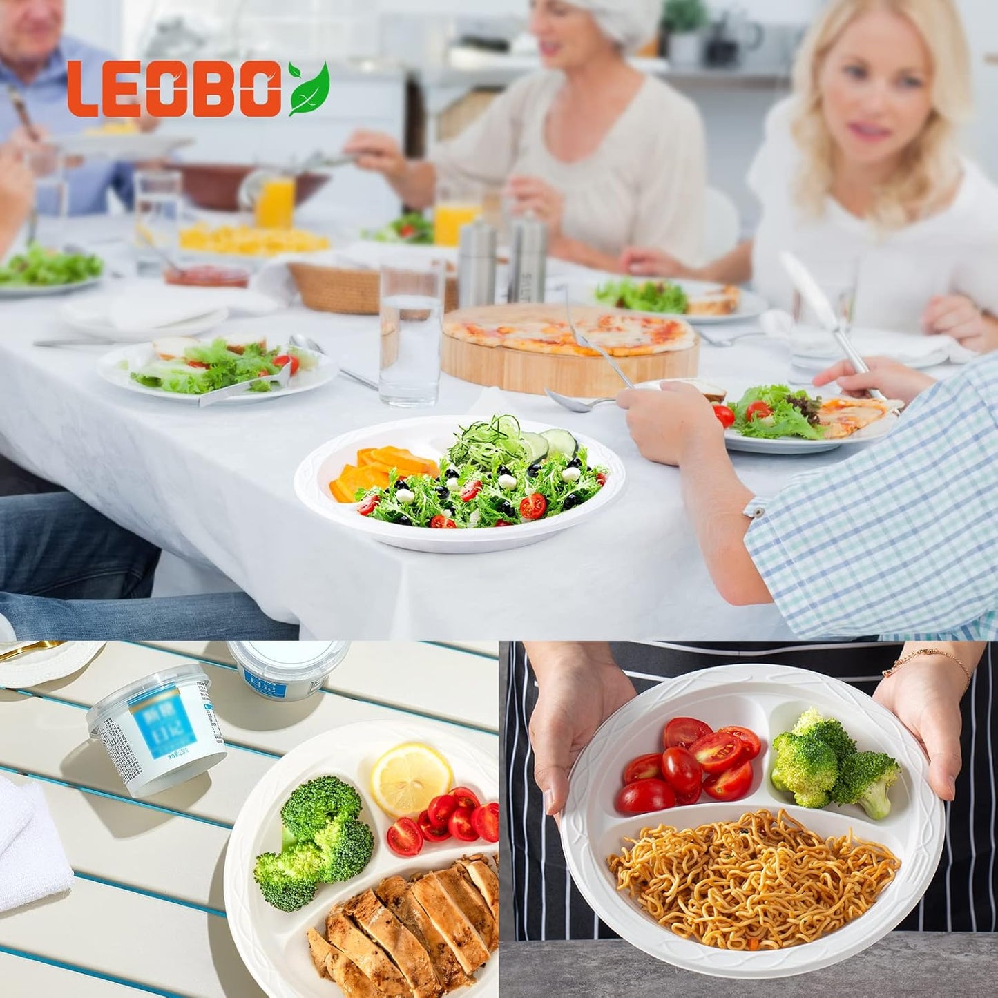 Party Plates Mineral Filled PP Plastic 9" - 150 Pack Shrink Wrap BPA Free Dinner Tray | Dishwasher & Microwave Safe | 3 Compartment Heavy Duty White Reusable & Disposable Plate for Catering