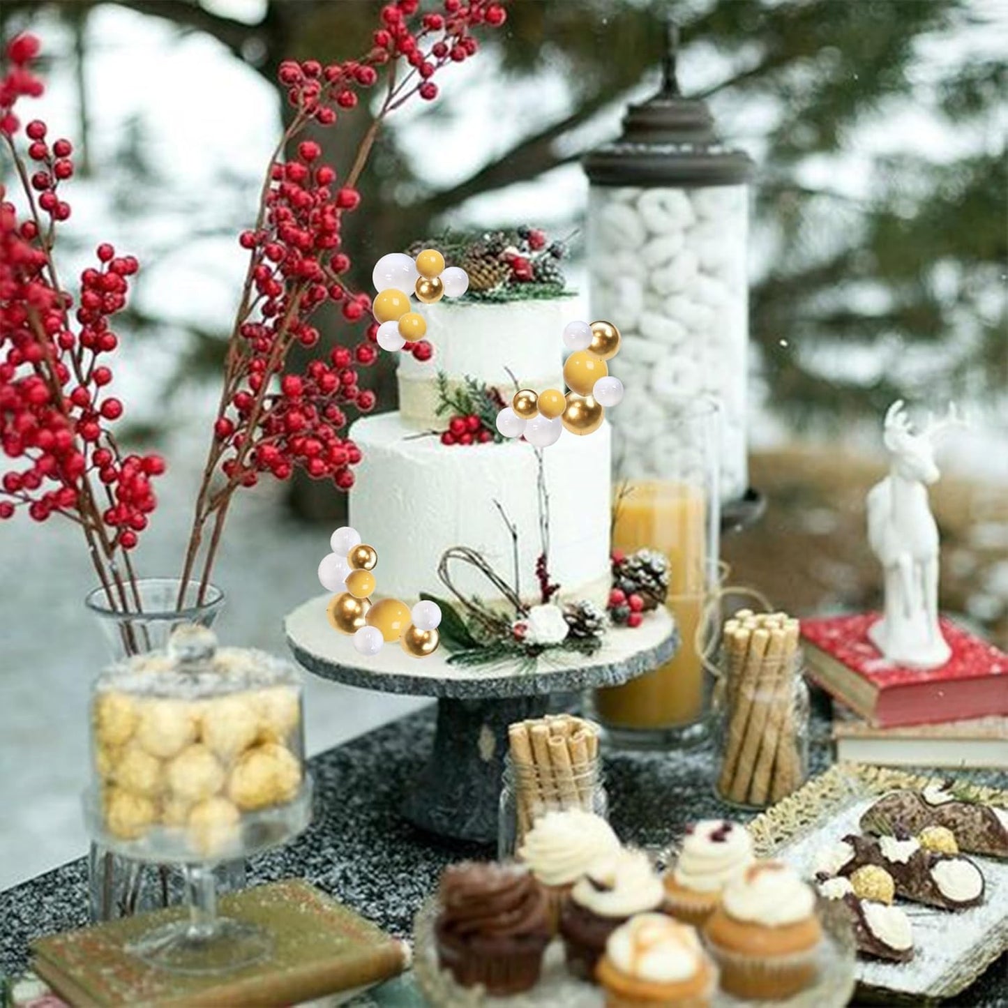 Rsstarxi 30 PCS Bubble Balls Cake Topper Foam Ball Cake Picks Mini Balloon Cupcake Insert DIY Decoration for Baby Shower Anniversary Kids Birthday Party Cake Decorations Gold Yellow White