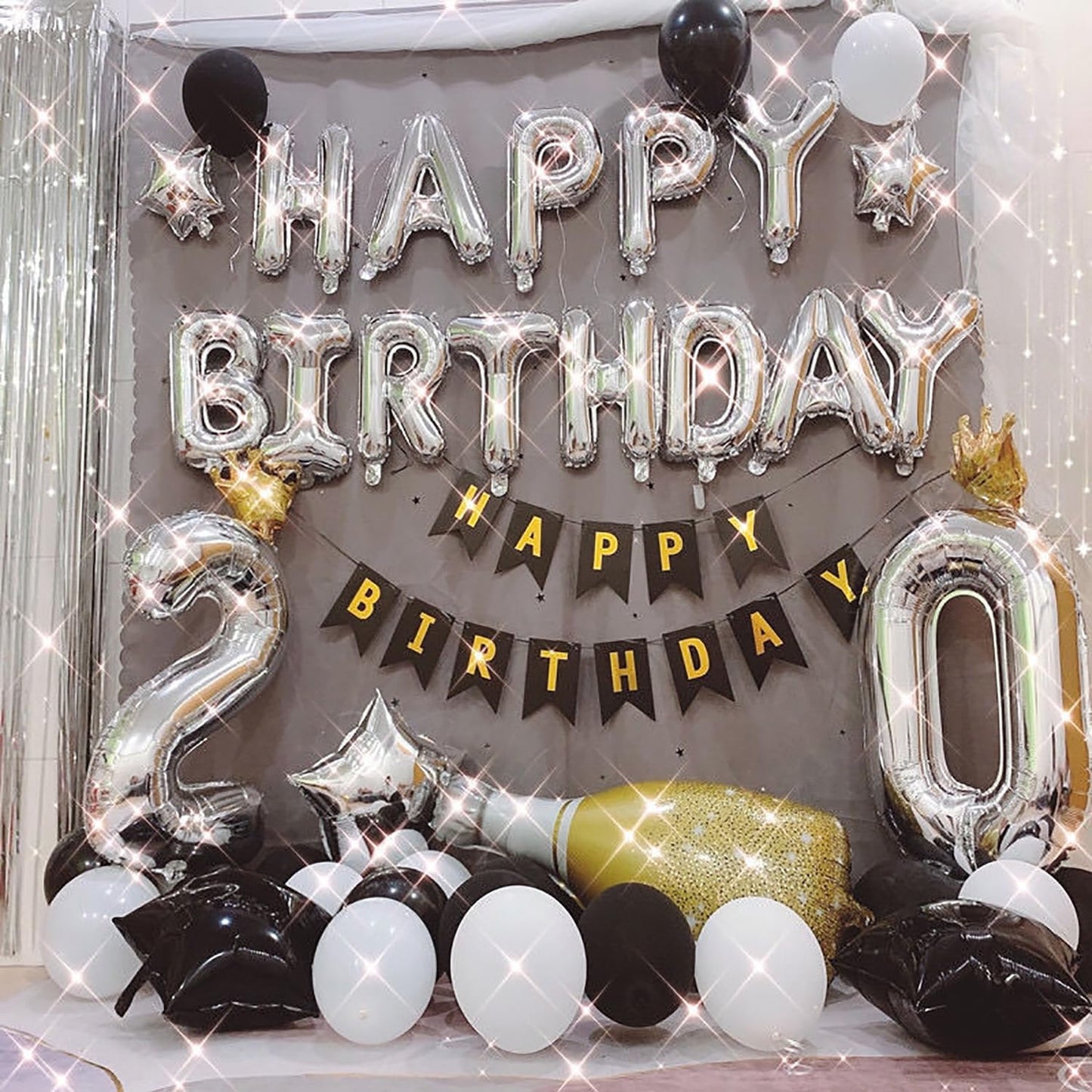 KALOR Silver Happy Birthday Balloons Kit with16 Inch Mylar Foil Letters Balloon and Star Balloons for Women, Men, Boys & Girls Kids Birthday Decorations Photo Backdrop