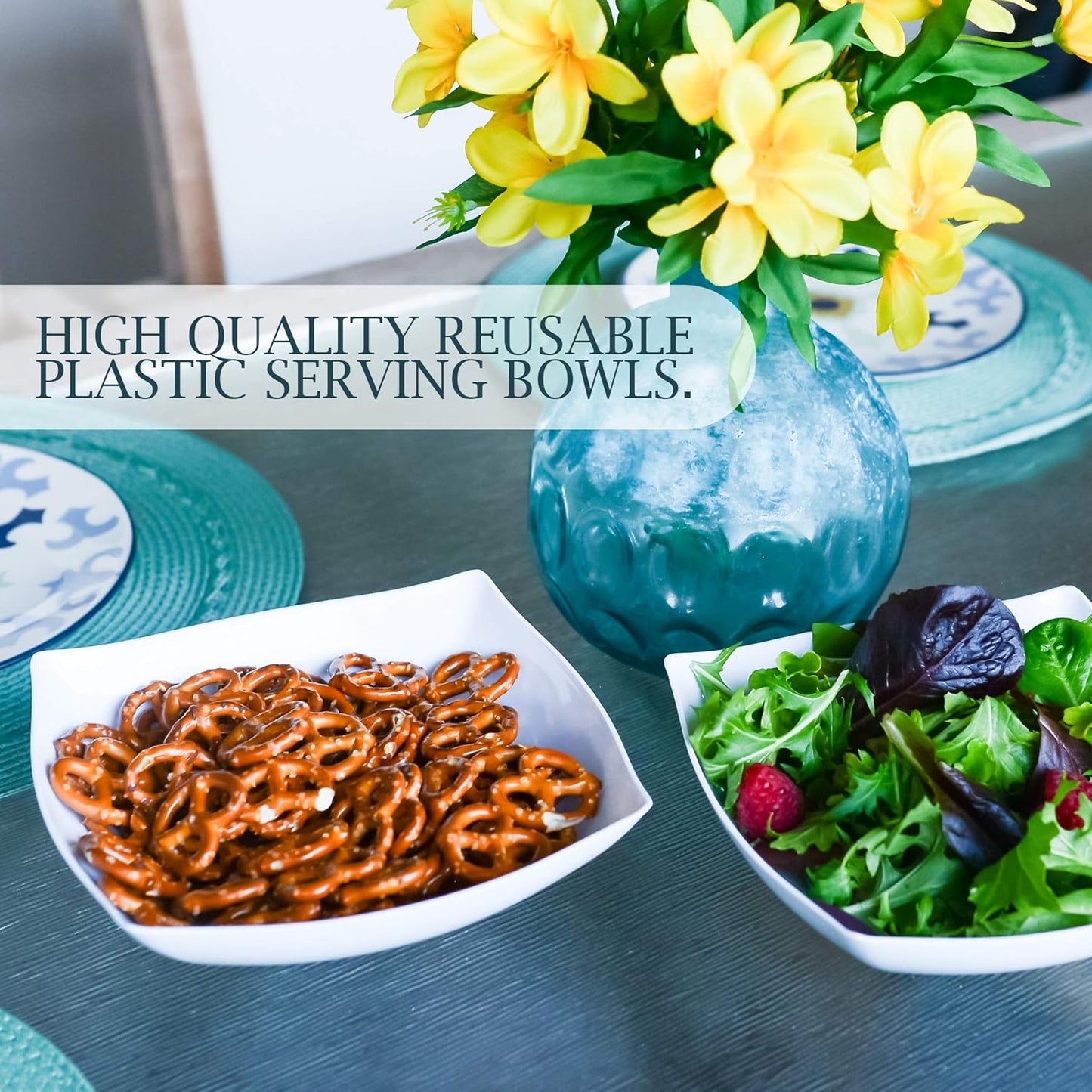 PLASTICPRO Disposable 32 ounce Square Serving Bowls, Party Snack or Salad Bowl, Medium Plastic Elegant White Pack of 4