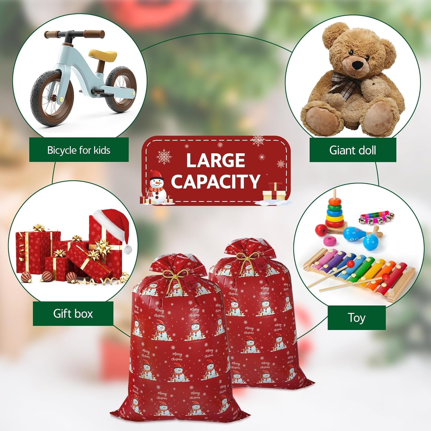 Childom 2 Pcs Large Christmas Gift Bags,Large Gift Bag 57"x 37" Jumbo Christmas Gifts Bag,Giant Plastic Gifts Bags with Tag,Rope,XL Red Snowman Sack for Huge Presents,Xmas Decor,Party Favors Wrapping