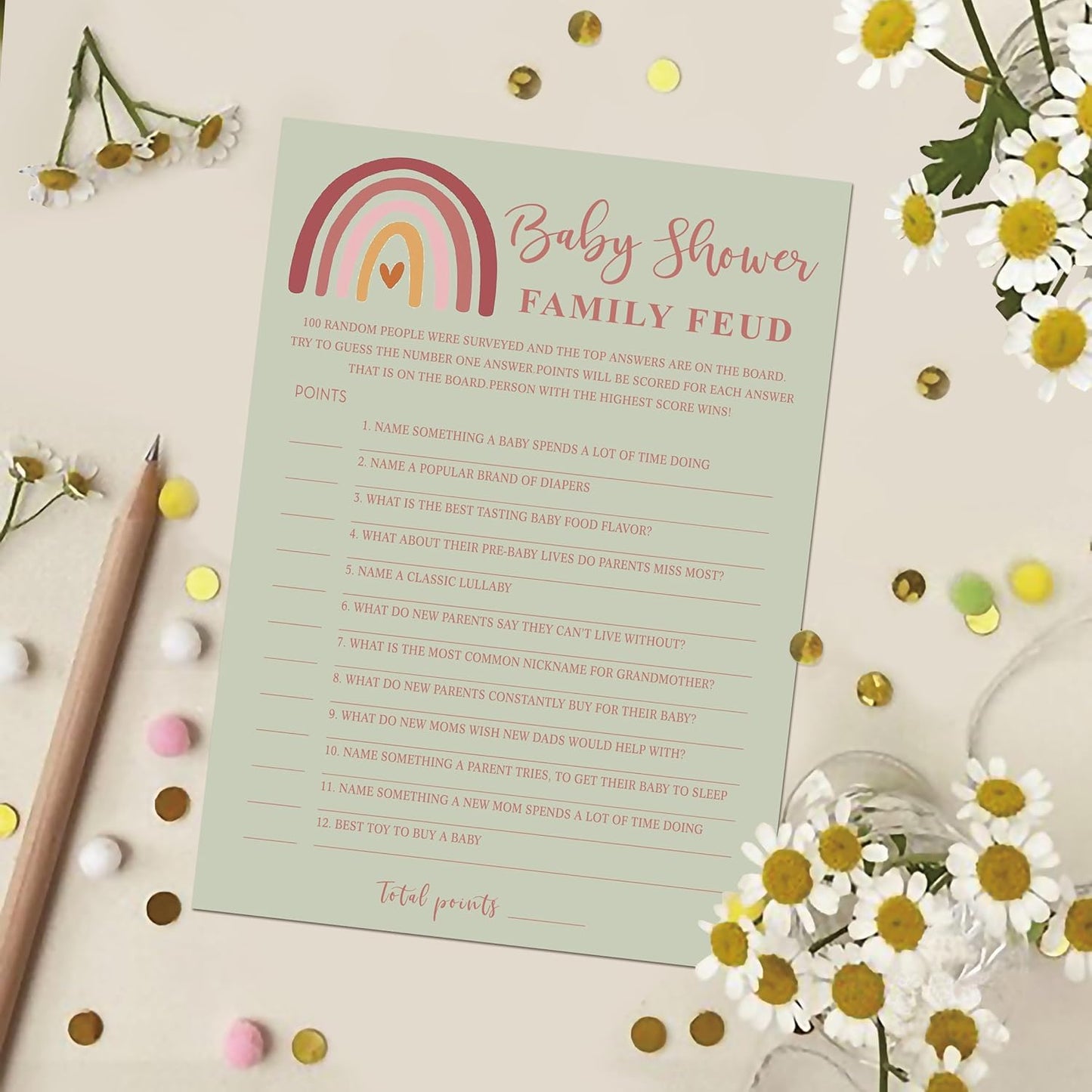 Baby Shower Family Feud Game - 30 Cards, Answer Key, Rainbow Decorations for Boy & Girl, Feud Supplies-05B-Atrovirens