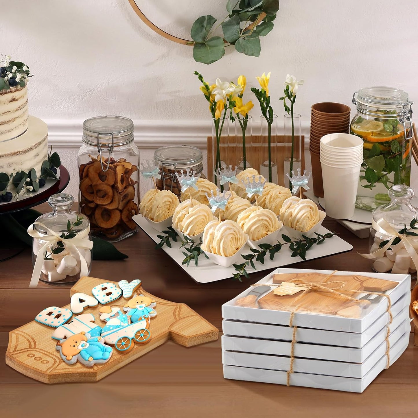 24 Set Baby Shower Gifts for Guests Clothing Shaped Charcuterie Board Set Thank You Tags with Box Mini Cheese Board Party Favors for Gender Reveal Favors Baby Shower Game Prizes (Bamboo Color)