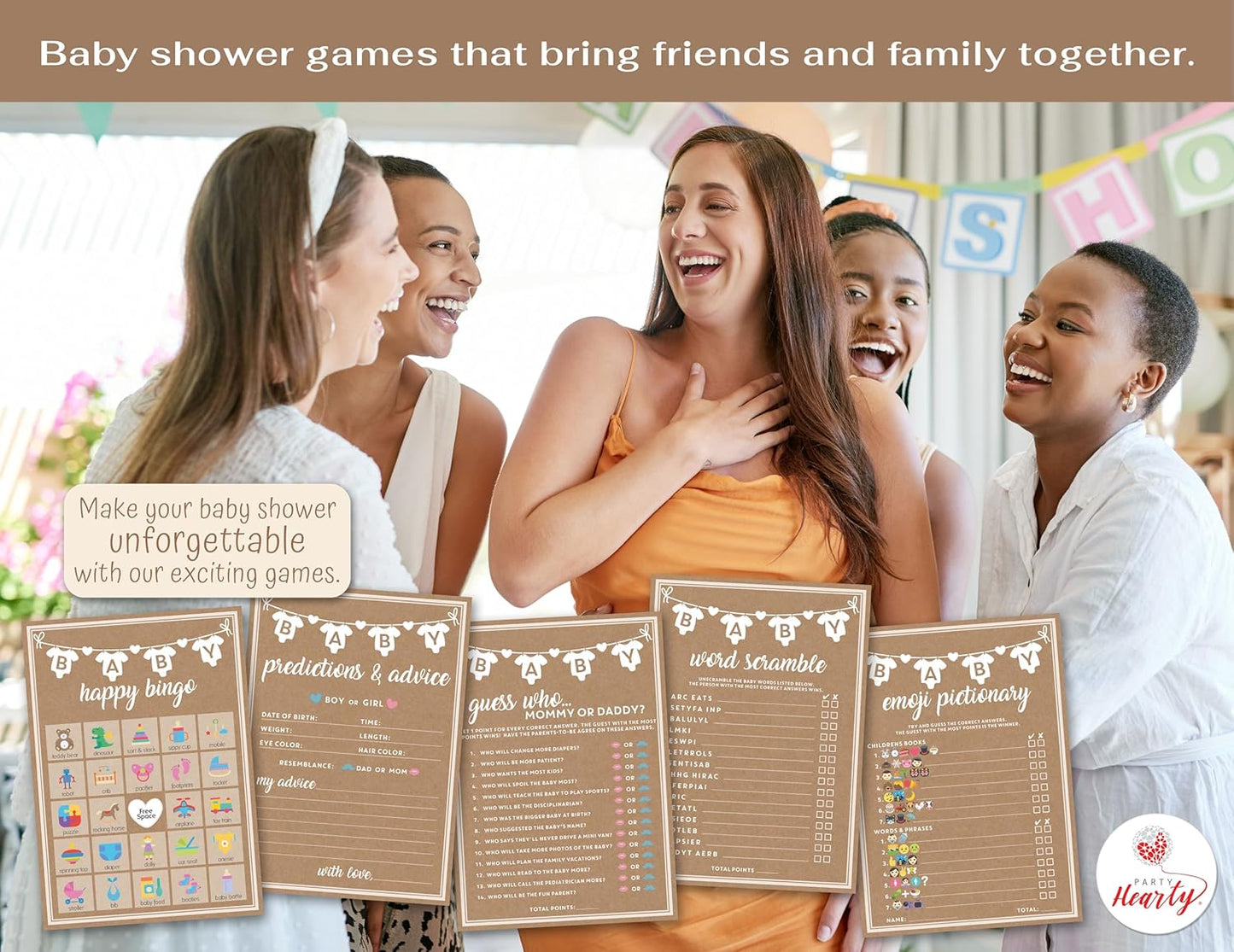 Party Hearty Baby Shower Games for Girl or Boy, 250 pcs 5 Games Activities Cards, Funny Baby Shower Games, Gender Neutral, Baby Shower Ideas