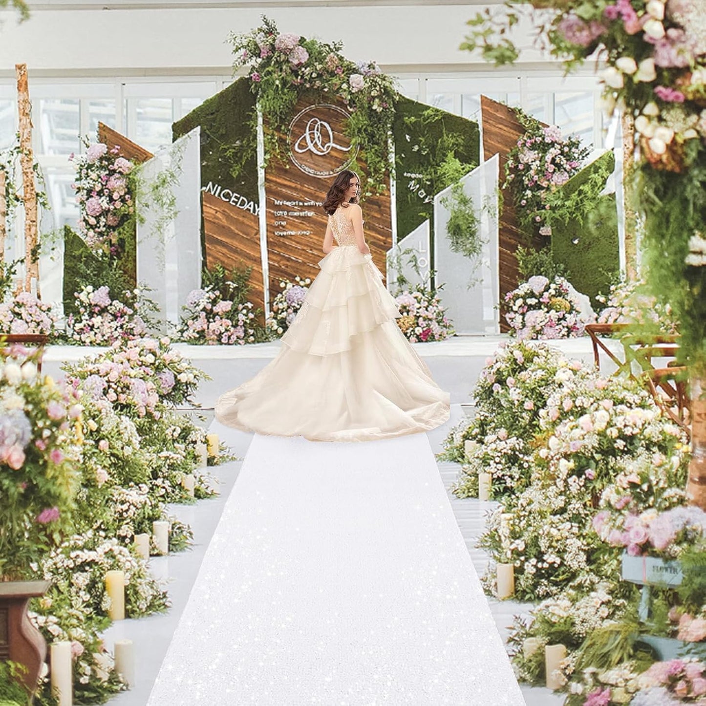 PartyDelight White Carpet Runner for Party 2.6FTx15FT Sequin Wedding Aisle Runner Sparkly Rug for Prom Ceremony Indoor Outdoor Engagement Decoration