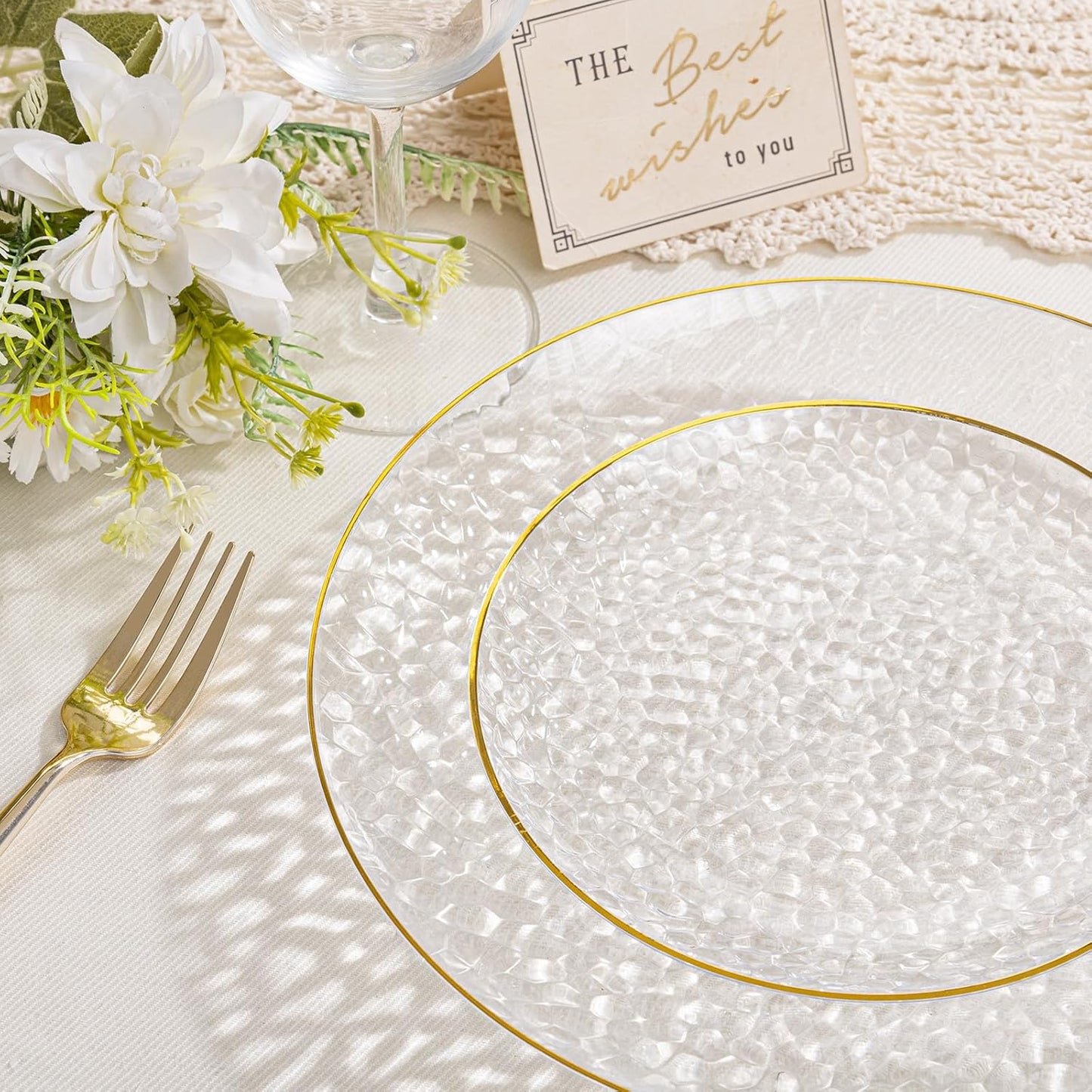 SUT 36Pcs Clear Thanksgiving Plastic Plates, Hammered Plates Disposable Heavy Duty, Clear Disposable Plates With Gold Rim, Fancy Plastic plates Include 18 Dinner and 18 Dessert plates for Wedding