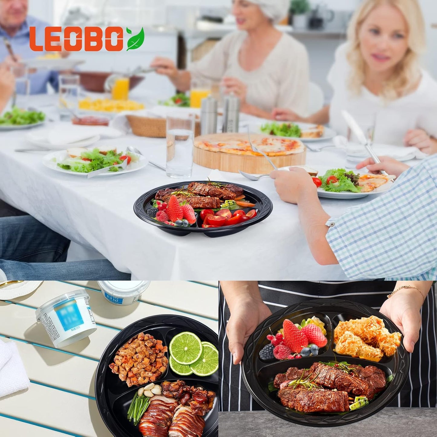 Plastic Plates Mineral Filled PP 9" - 150 Pack Shrink Wrap BPA Free Dinner Tray | Dishwasher & Microwave Safe | 3 Compartment Heavy Duty Black Reusable & Disposable Plate for Party Catering