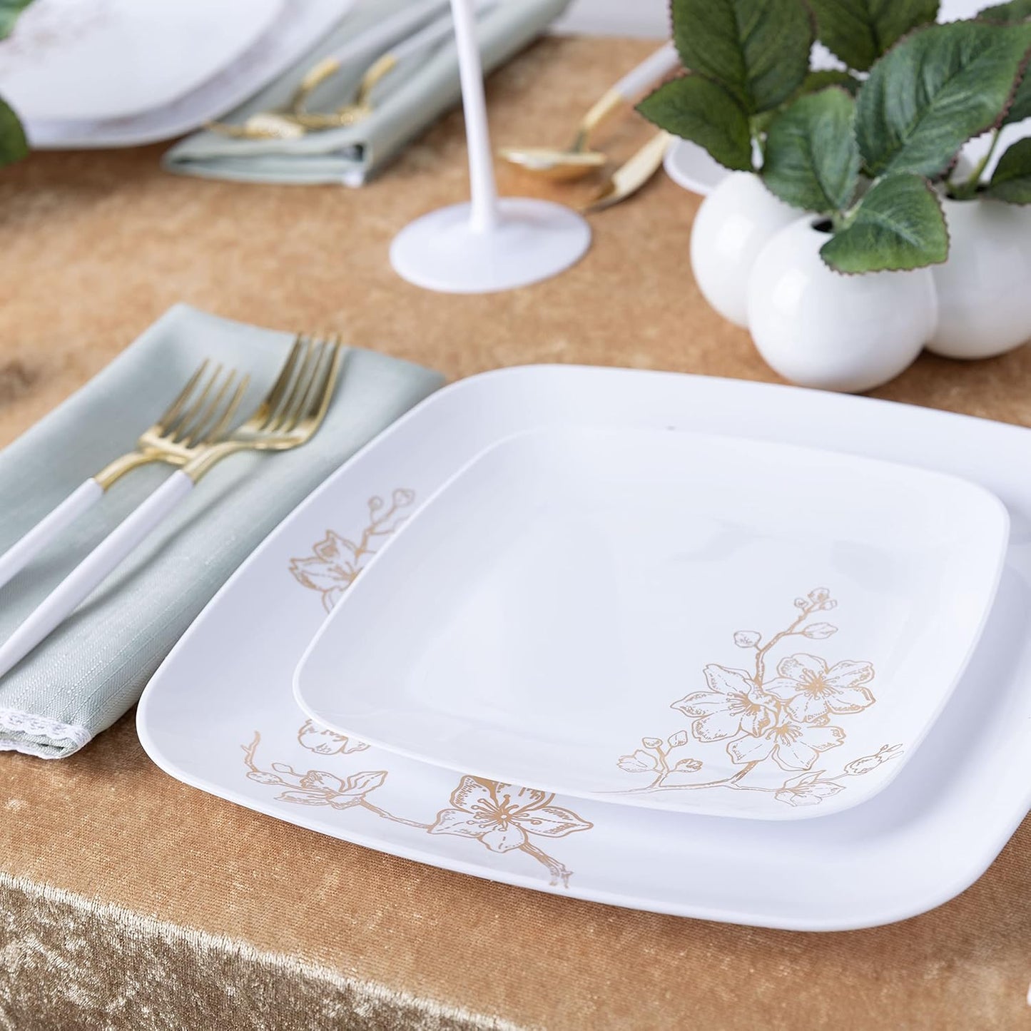 PLASTICPRO Square 128 Piece Combo Plates Set includes 64 x 7'' inch Salad Plates & 64 x 10'' inch Dinner Plate White Plastic Gold Buds Design Party Elegant, Tableware, Dishes,