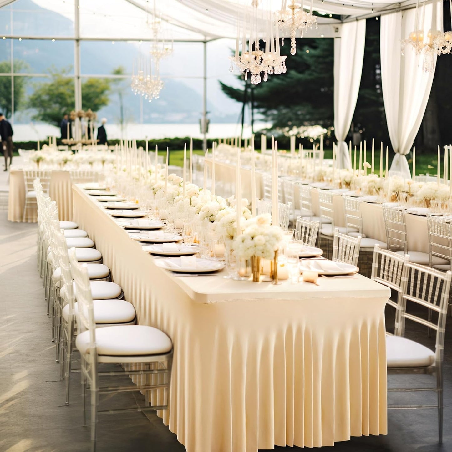 2 Packs Dark Champagne Table Clothes for 6 Foot Rectangle Tables, One-Piece Wrinkle Resistant Stretch Spandex Table Covers with Skirt for Event Banquet Wedding Birthday Party