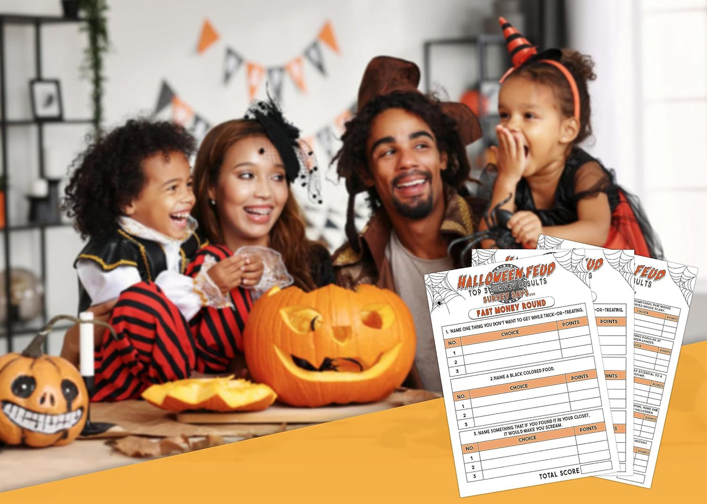 Halloween Friendly Feud Game, Family Game Night, Halloween Quiz, Halloween Trivia Adult Games, Halloween Party Game for Family Activity - 30 Halloween Feud Cards and 3 Fast Money Round Cards (02)