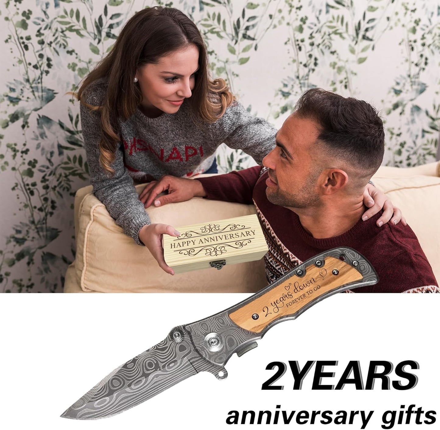 2 Year Anniversary Boyfriend Gifts for Him, 2 Year Wedding Anniversary Keepsake for Men, 2nd cotton wedding Anniversary Engraved Knife with Wood Box, 2nd Anniversary Marriage Presents for Husband