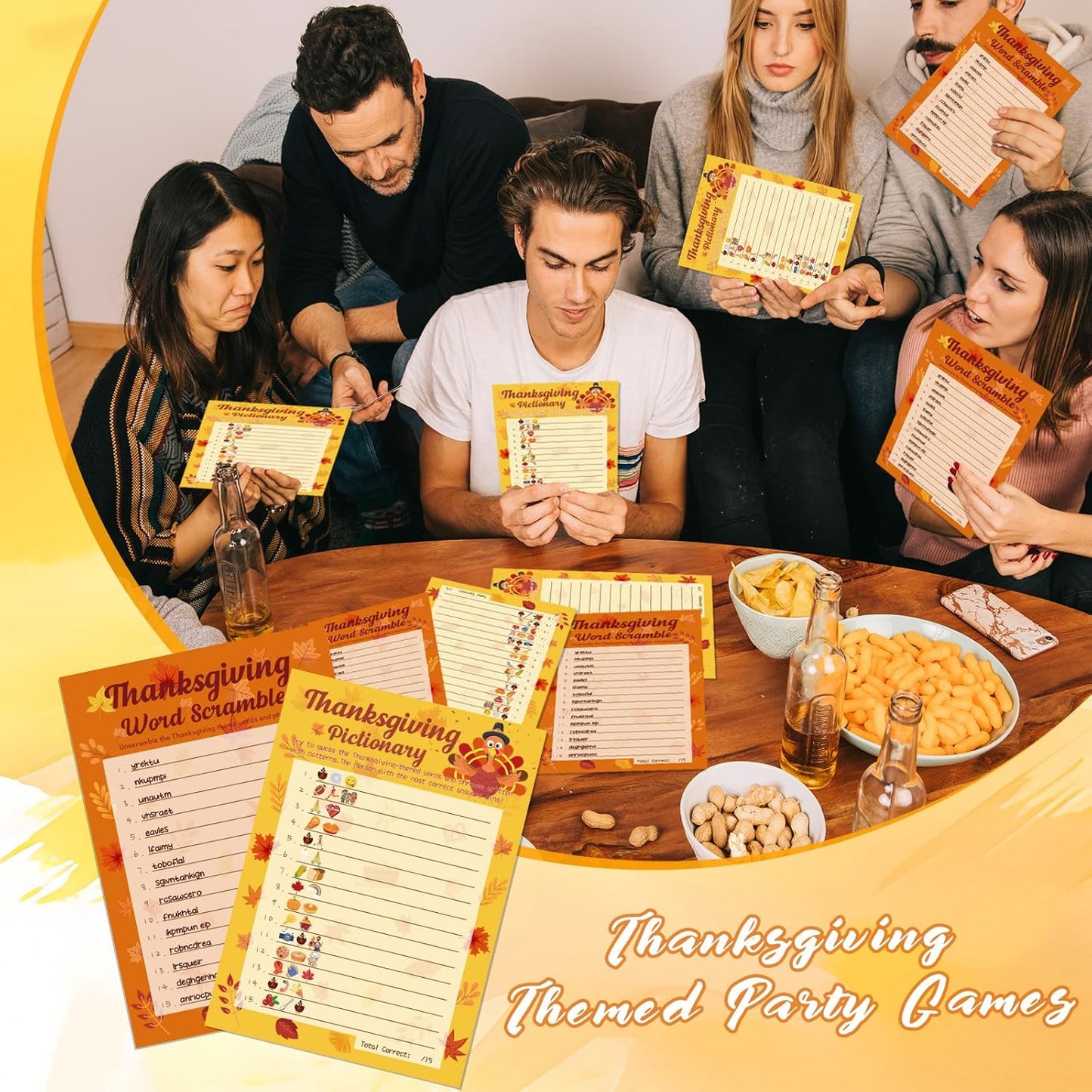 YQUQWN 32PCS Thanksgiving Party Games Set, Thanksgiving Trivia Game Word Scramble Pattern Guessing Game for Family Party Activities Decorations Family Kids