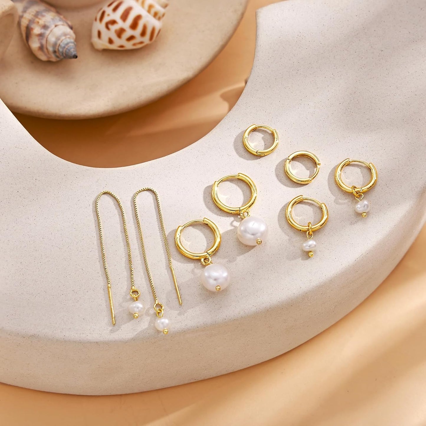 Moodear Gold Earrings for Women No Tarnish - Trendy 14K Gold Plated Pearl Hoop Studs Chain Earrings Stacks for Women Wedding Jewelry Gift