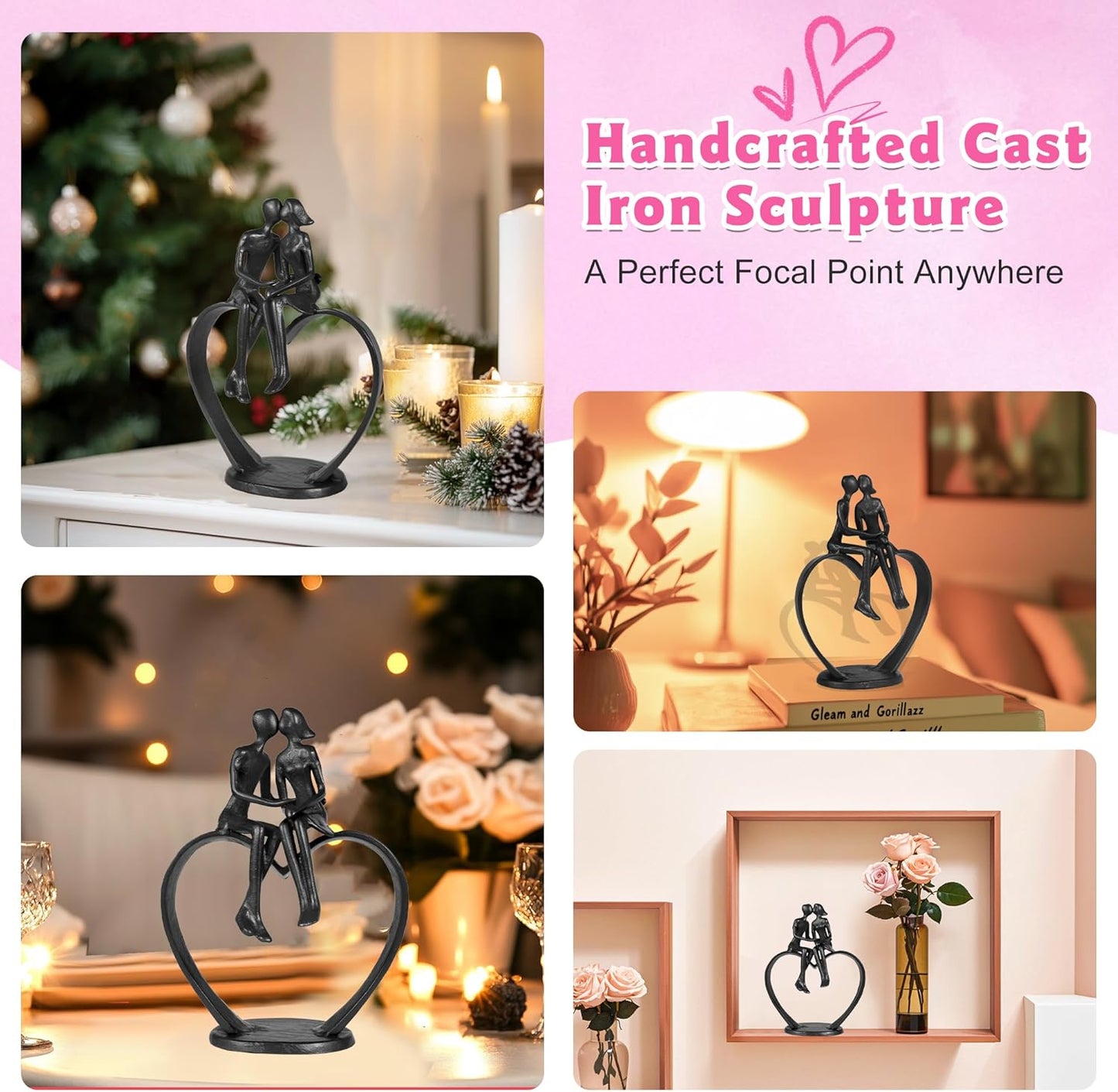 Gifts for Wife, Kissing Couple & Loving Heart Statue Cast Iron Sculpture Decor, Wedding Anniversary Birthday Gifts for Wife Women Girlfriend Her, Wedding Anniversary Couple Gifts