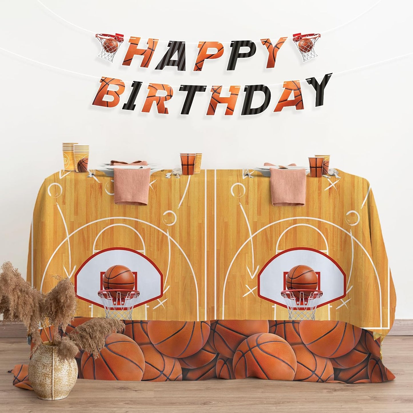 Gatherfun Basketball Party Supplies Kit for 24 - Basketball Party Decorations with Dinner & Dessert Plates, Napkins, Cups, Banner & Tablecloth - for Basketball Birthday & Sports Party Decorations