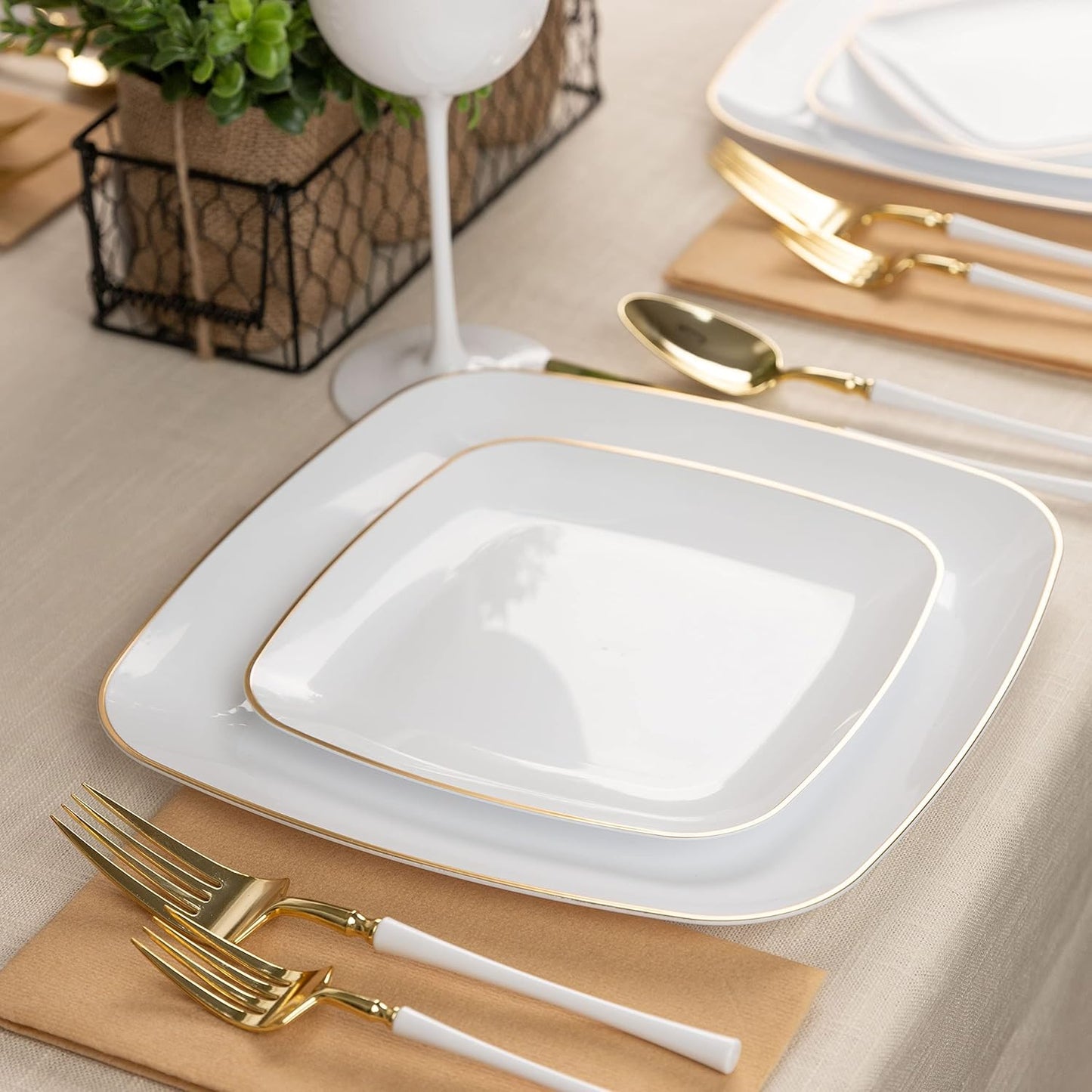 PLASTICPRO Square 32 Piece Combo Plates Set includes 16 x 7'' inch Salad Plates & 16 x 10'' inch Dinner Plates White Plastic Gold Rim Design Party Plates, Premium heavyweight Elegant,