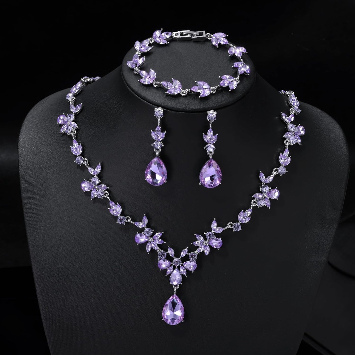 Kamirola Bridal Jewelry Set, Jewelry Set for Women, Necklace Dangle Earrings Bracelet Set, White Gold Plated (TR76)