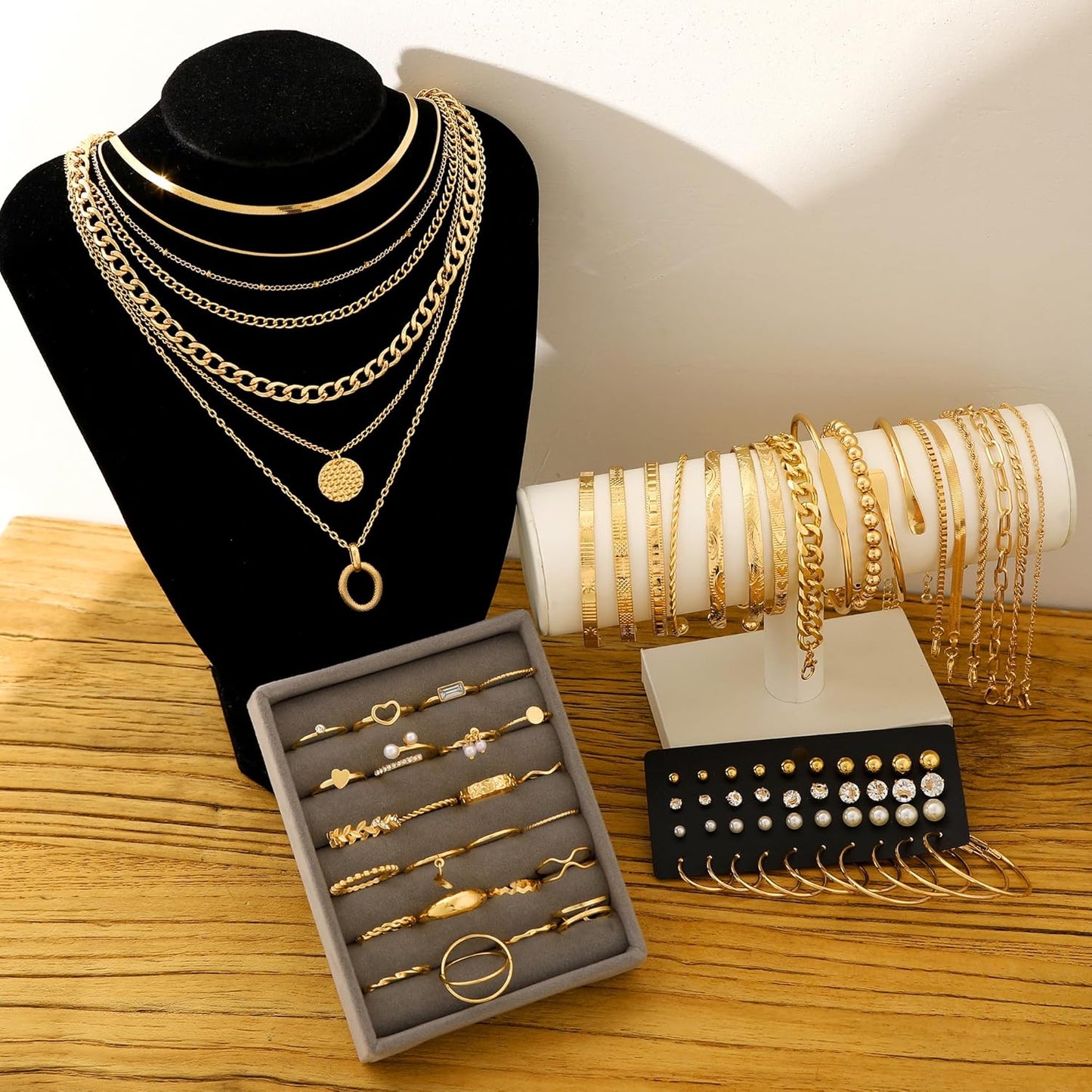 FAXHION 68 Pcs Gold Jewelry Set for Women with 7 Necklace, 17 Bracelet, 5 Hoop Earrings, 15 Stud Earrings, 24 Knuckle Rings for Women Jewelry Set for Women