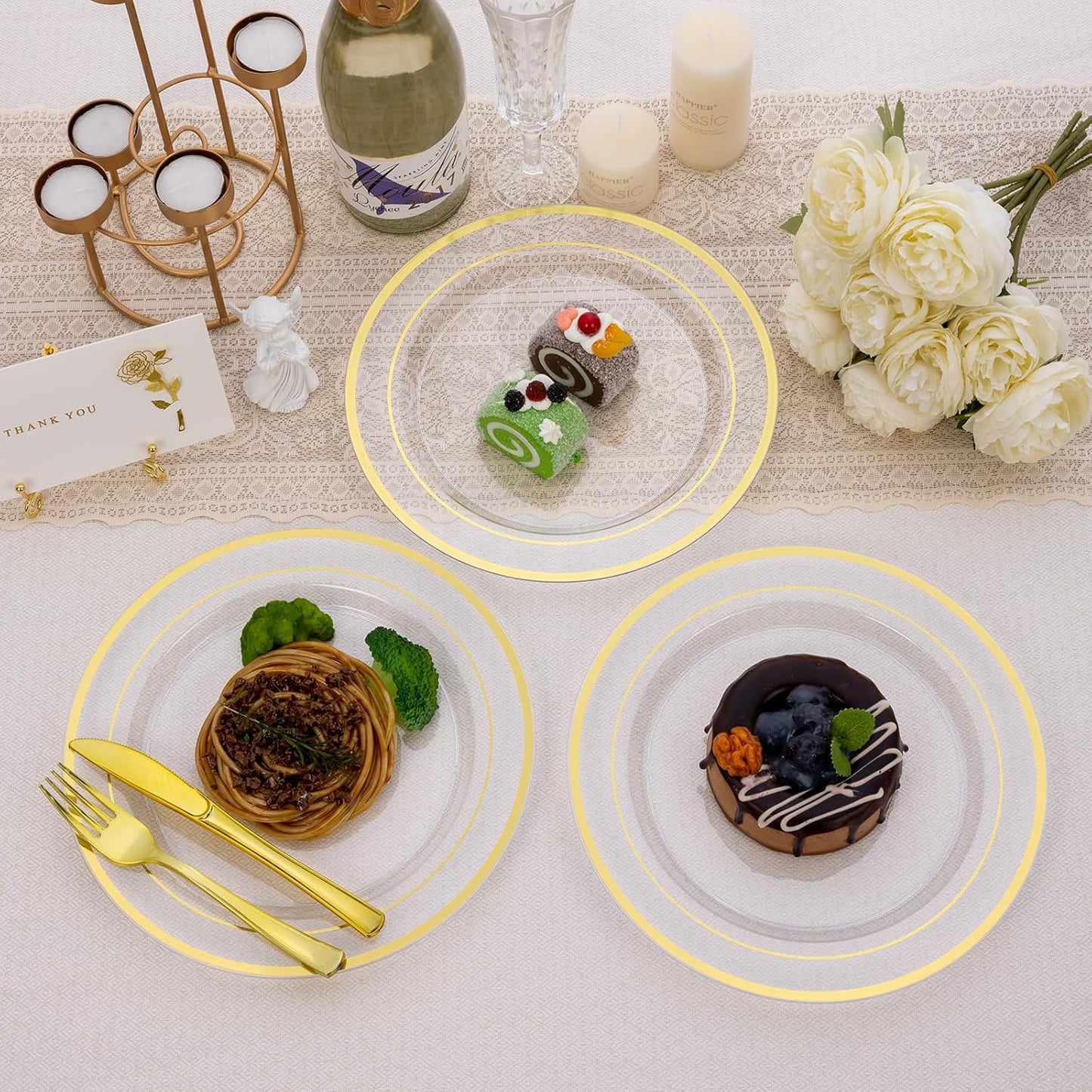 Goodluck 200PCS Clear Gold Plastic Plates, Heavy Duty Disposable Clear Plates with 100 10.25 inch Dinner Plates and 100 7.5 inch Dessert Plates for Party, Holiday, Wedding, Thanksgiving