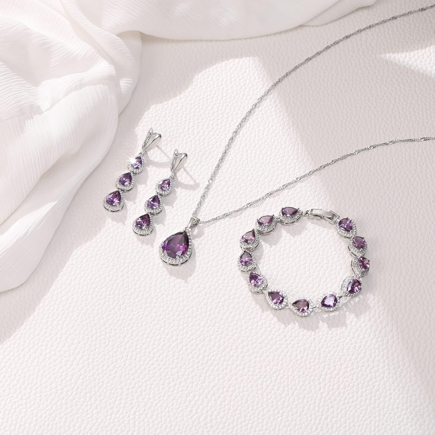 EleQueen Water Drop Pendant Necklace Long Dangle Earrings Tennis Bracelet Set, Sparkle Cubic Zirconia Teardrop Wedding Jewelry Sets for Bride Bridesmaid