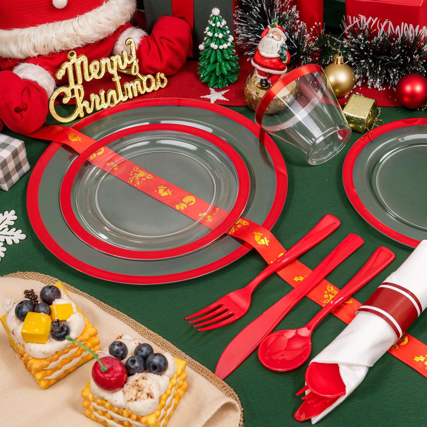 Liacere 350PCS Clear and Red Plastic New Year Plates and Napkins for 50Guests Plastic Dinnerware Set:100 Red Disposable Plates 50 Pre Rolled Napkins with Cutlery,50 Cups for Party&Christmas