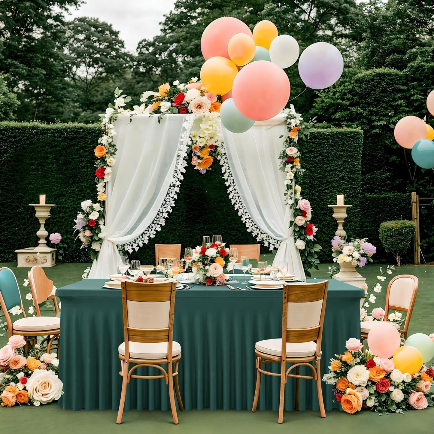 2 pk Hunter Green Spandex Tablecloth for 6 Foot Rectangle Tables, Wrinkle Free Fitted Spandex Table Covers 6ft Green Stretch Table Cloths with Ruffle Skirt for Parties Weddings Banquet Baby Shower