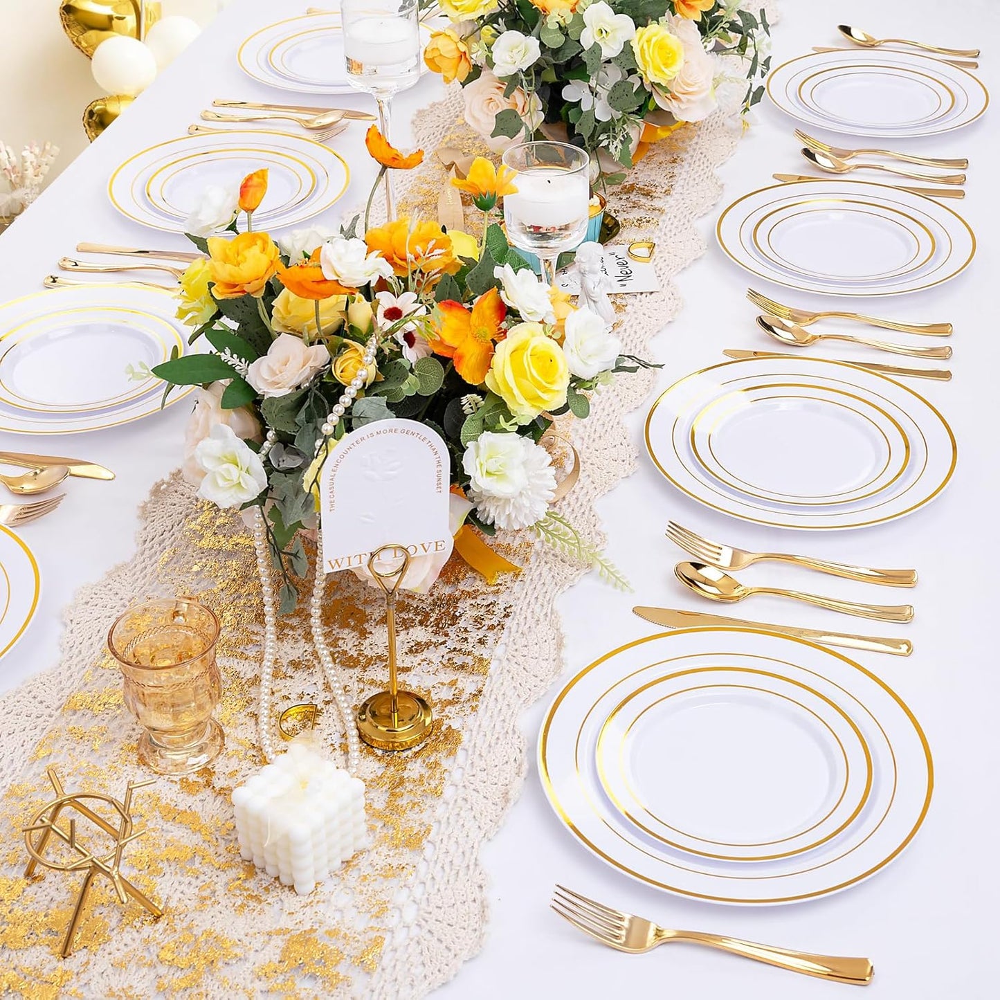 I00000 300 Pcs Gold Plastic Plates for 50 Guests.Disposable Dinnerware for Party,Plastic Dinnerware Set of 100 Plates,200 Gold Silverware Set(50 Spoons,50 Knives,100 Forks)