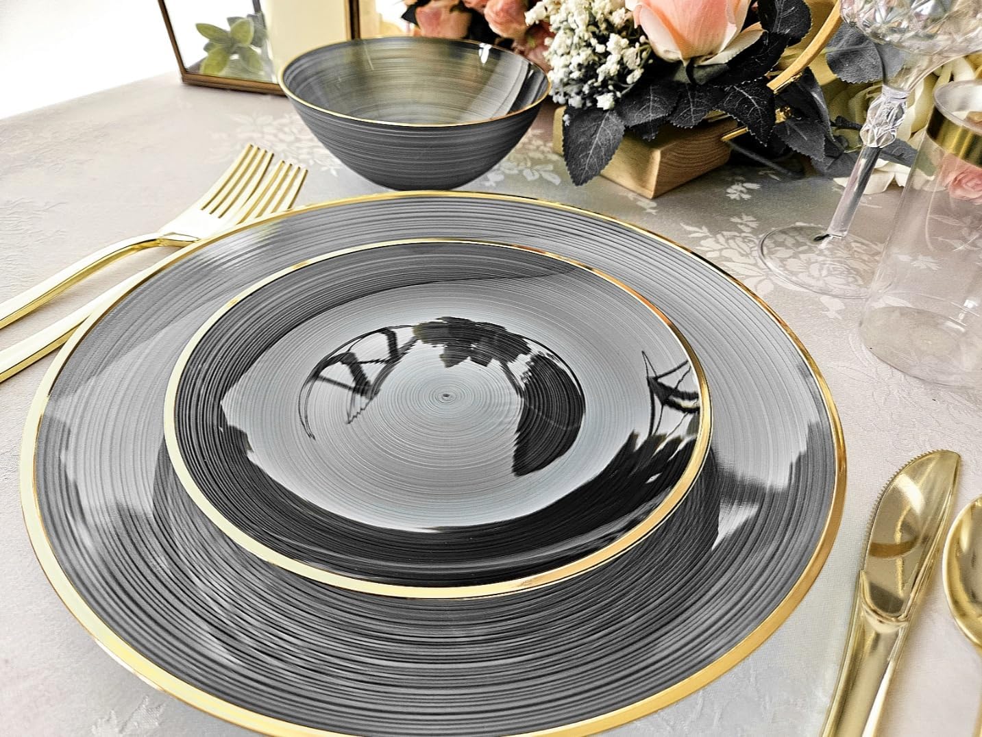 " OCCASIONS " 240 Pieces Pack,(120 Guests) Premium Wedding Party Disposable Plastic Plates Set -120 x 10'' Dinner + 120 x 7'' Salad/Dessert (Belize in Black & Gold)