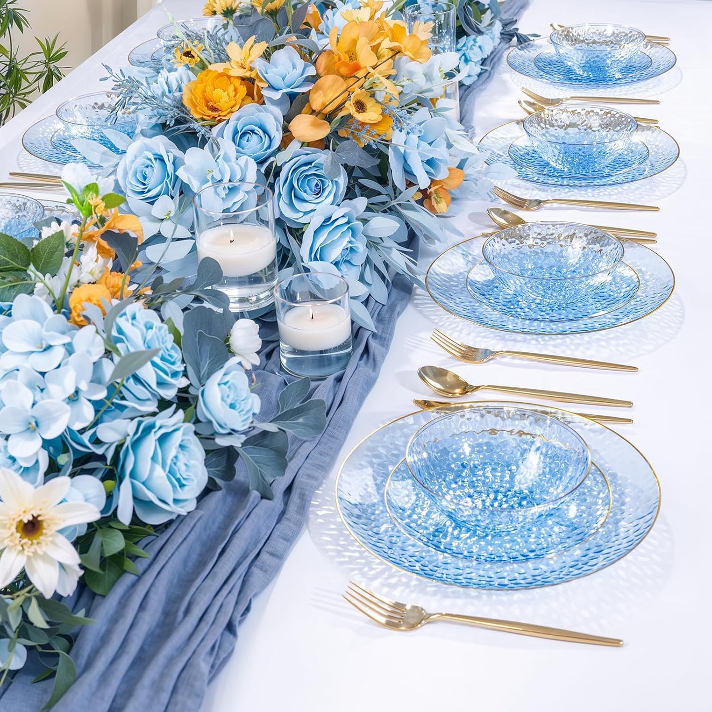 I00000 50 Pack 12 Ounce Blue Plastic Bowls Hammered Clear Bowl with Gold Rimmed, Heavy Duty Disposable Bowl Set,Elegant Small Bowls for Thanksgiving Party, Weddings, Catering