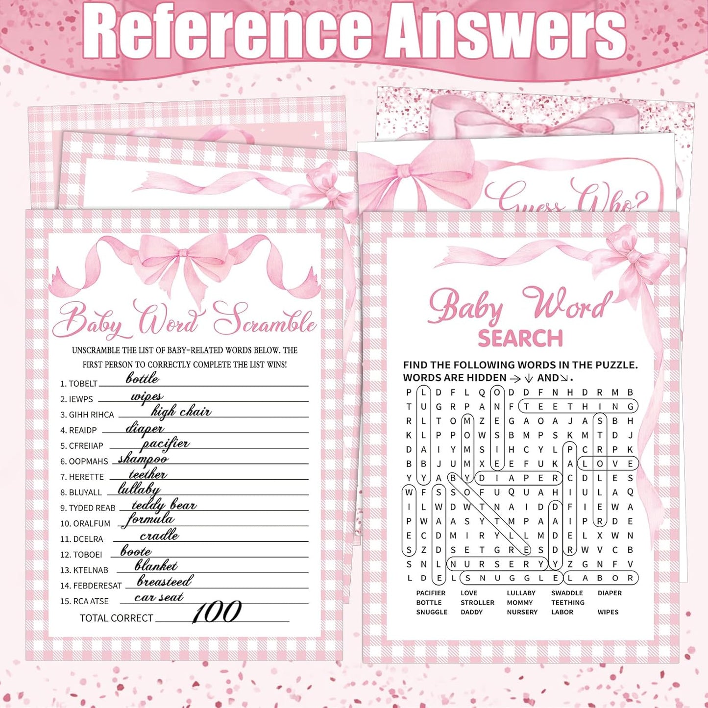426 Pcs Pink Bow Baby Shower Games Set-8 Games, Includes Baby Shower Bingo, Price is Right, Guess Who, Word Scramble, Prediction and Advice, How Big is Mommy's Belly, Don't Say The Words