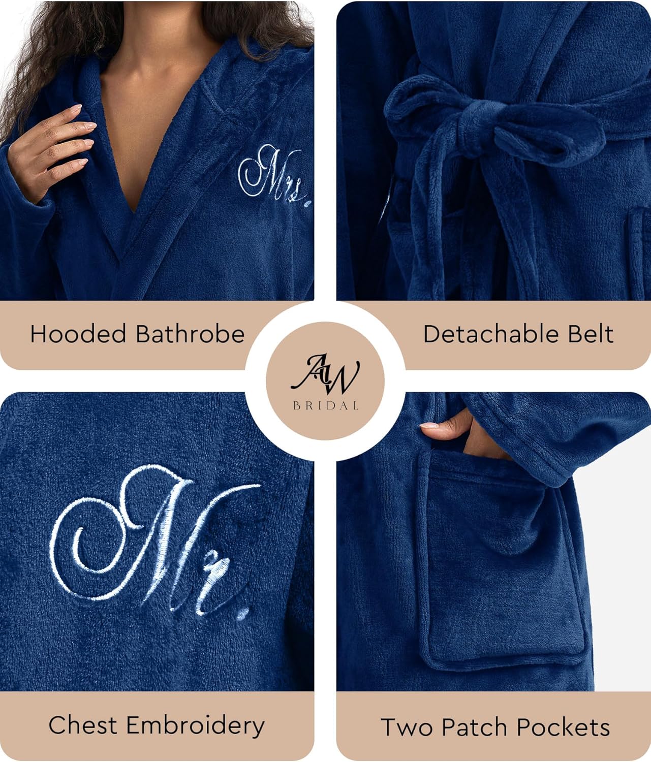 AW BRIDAL 2Pcs Mr and Mrs Robes for Couples Fleece, Matching Long Hooded Robes for Men Women, His and Hers Wedding Gifts