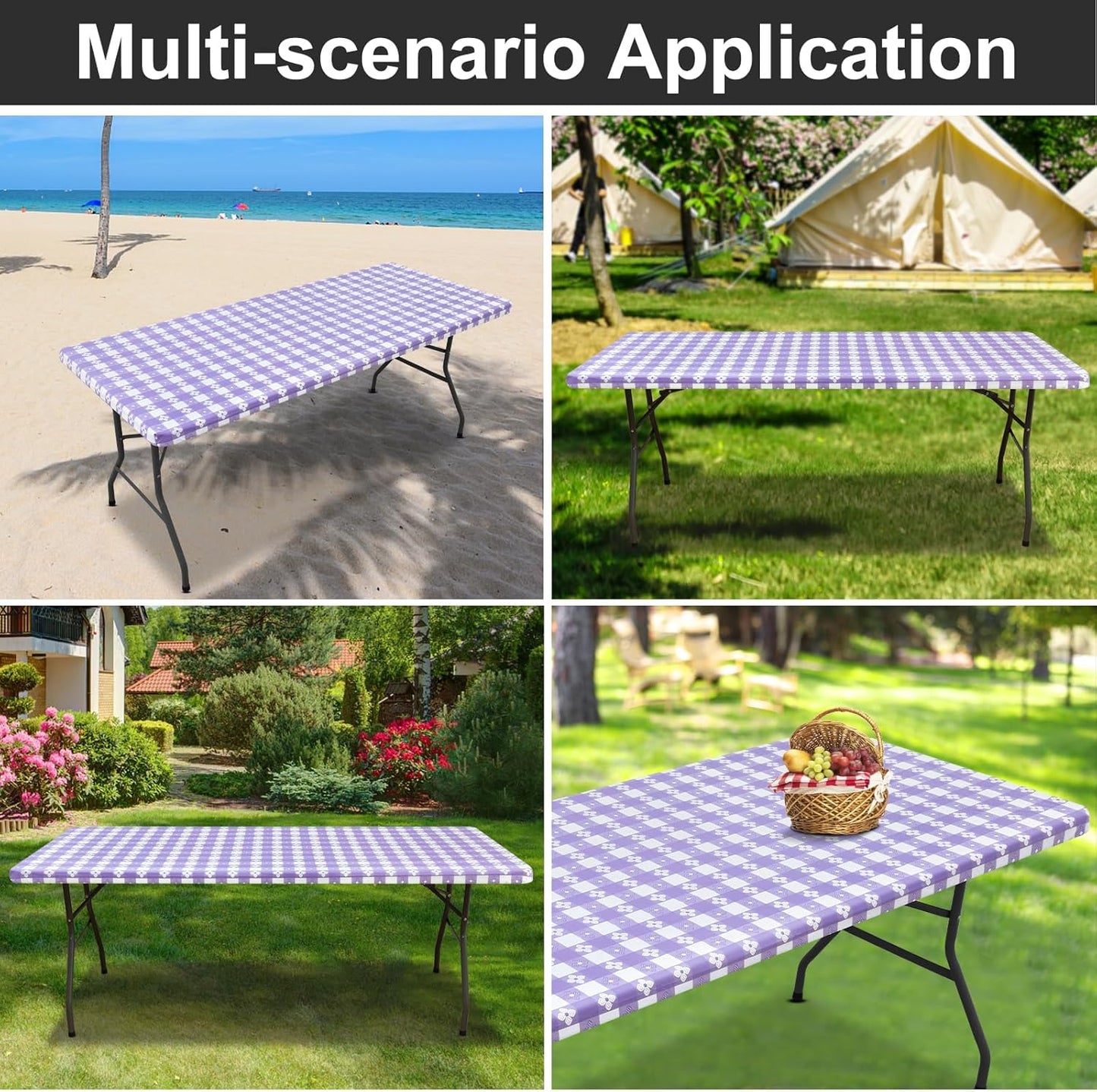 Rectangle Vinyl Table Cloth, Waterproof Elastic Fitted Tablecloth with Flannel Backing, Plastic Table Cover for Picnic, Camping, Outdoor (White & Lavender, 30"x72")